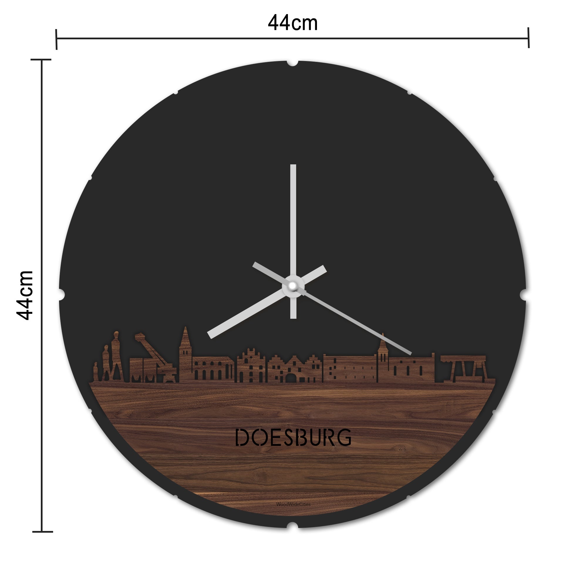 Skyline Klok Rond Doesburg Noten houten cadeau decoratie relatiegeschenk van WoodWideCities