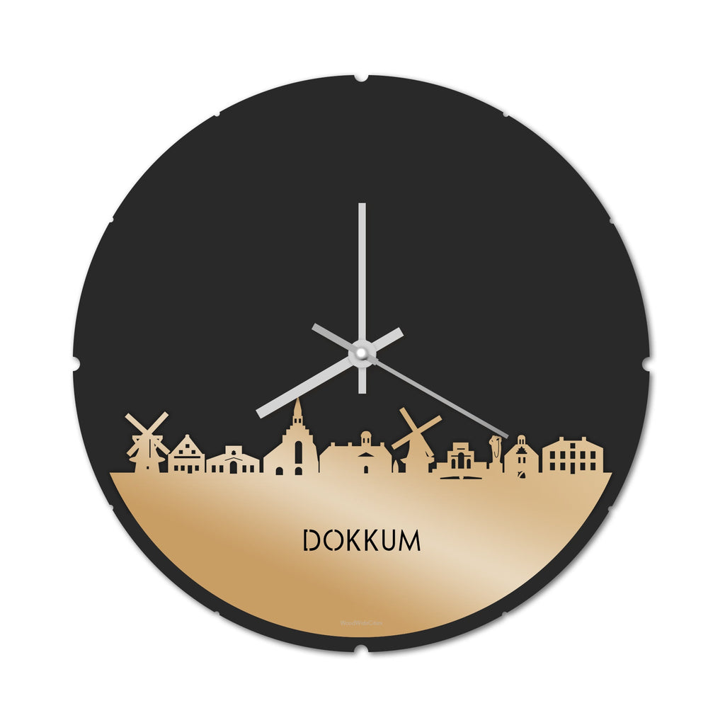 Skyline Klok Rond Dokkum Metallic Goud gerecycled kunststof cadeau decoratie relatiegeschenk van WoodWideCities