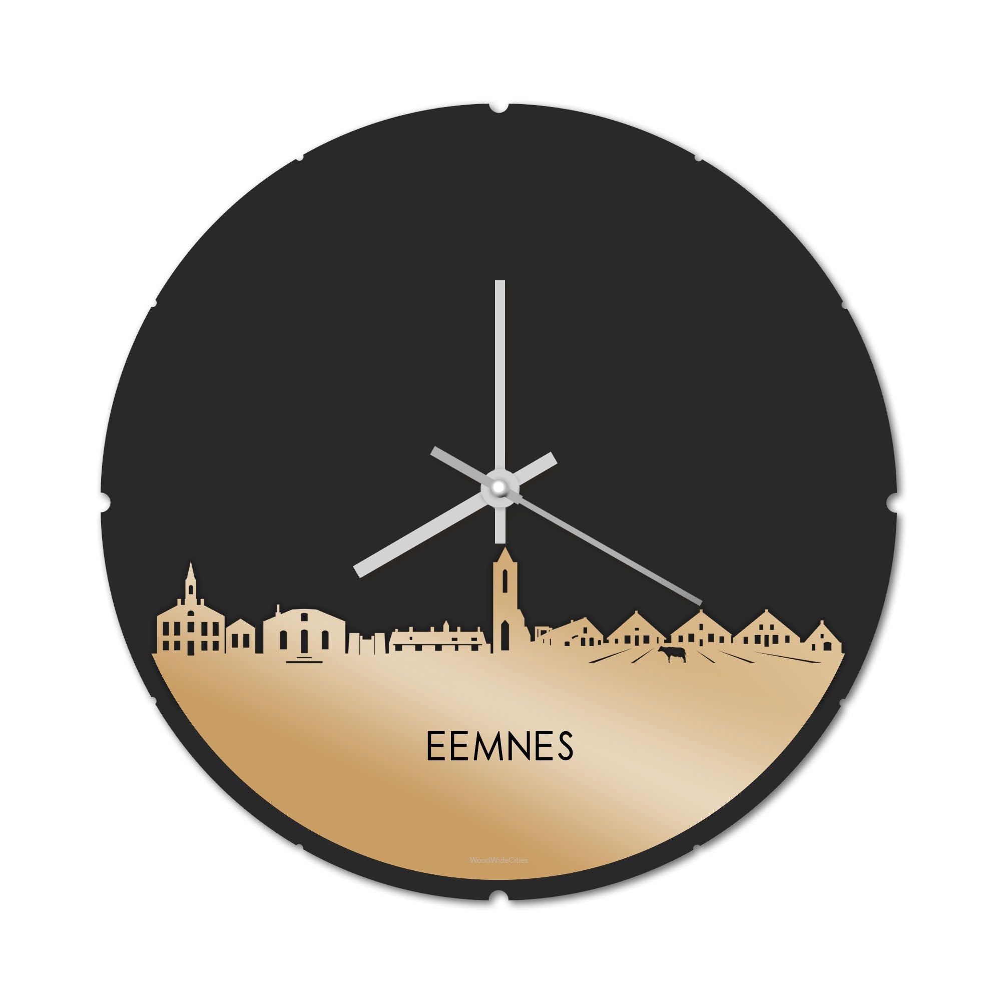 Skyline Klok Rond Eemnes Goud Metallic houten cadeau decoratie relatiegeschenk van WoodWideCities