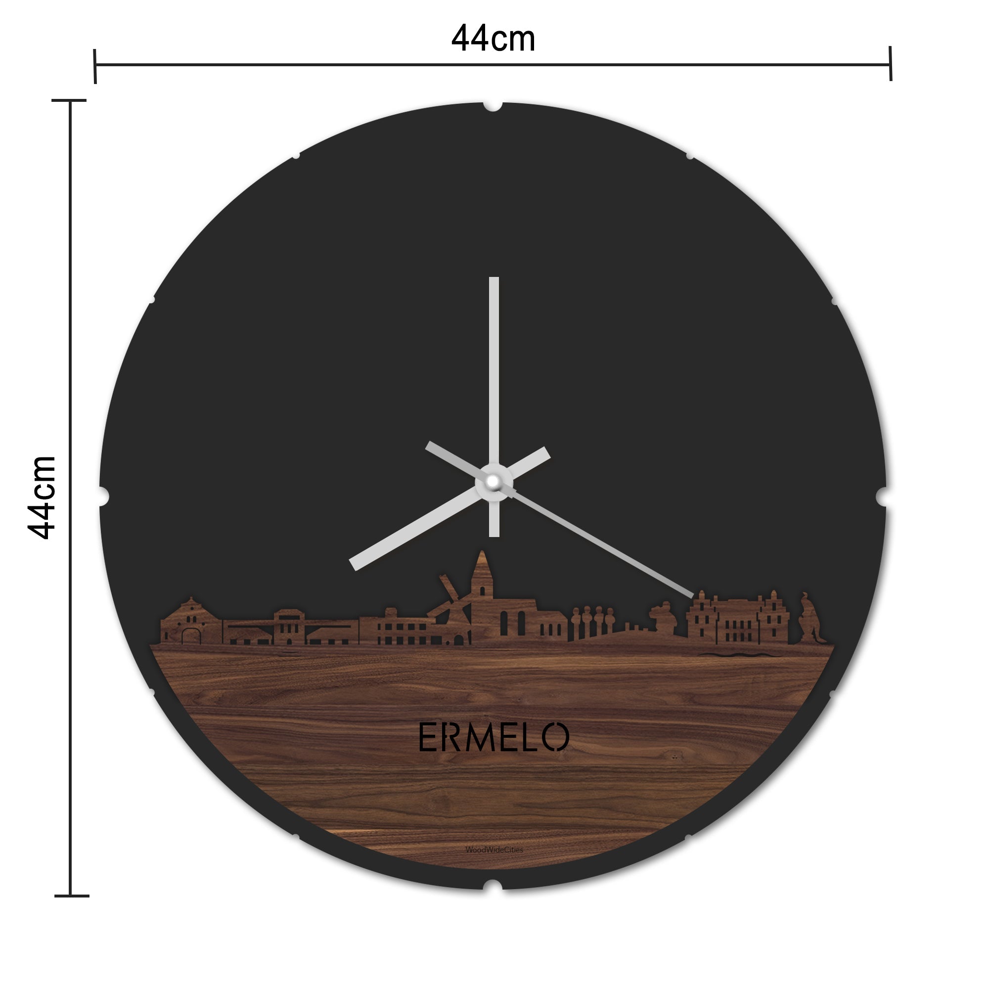 Skyline Klok Rond Ermelo Noten houten cadeau decoratie relatiegeschenk van WoodWideCities