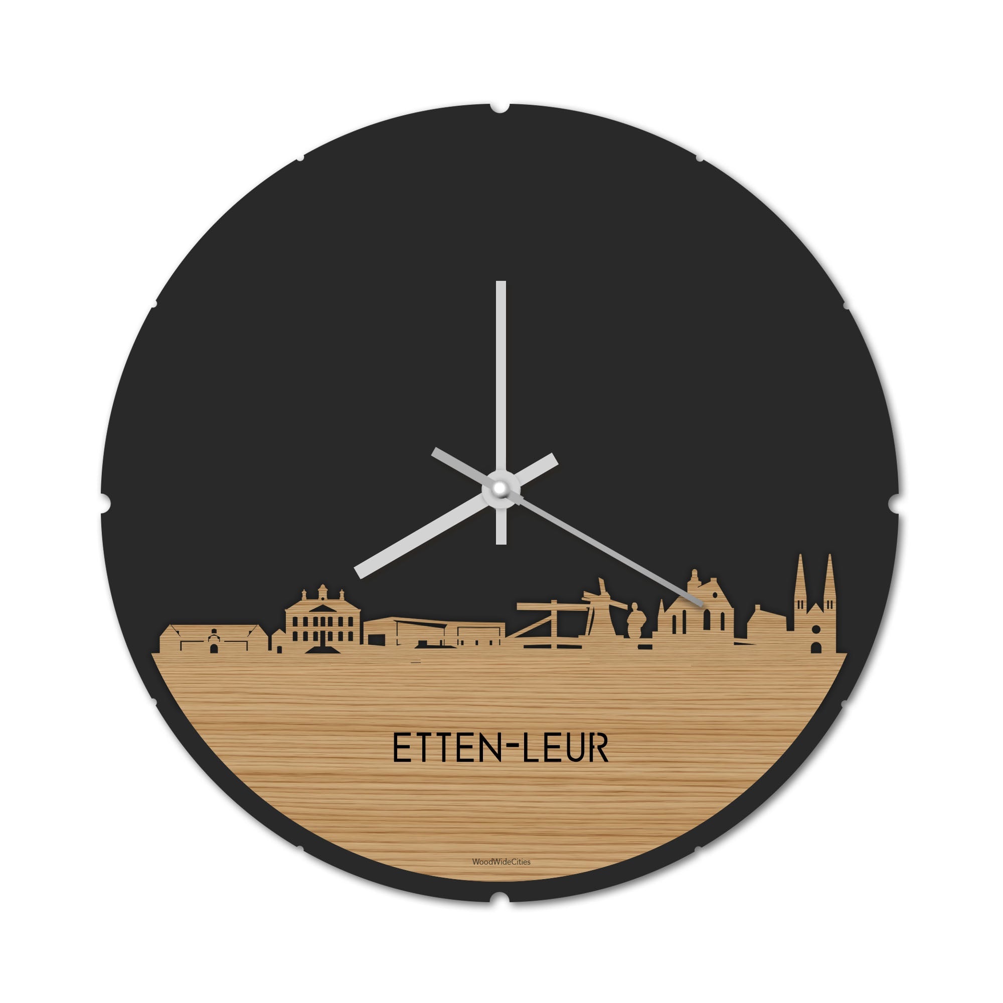 Skyline Klok Rond Etten-Leur Bamboe houten cadeau decoratie relatiegeschenk van WoodWideCities