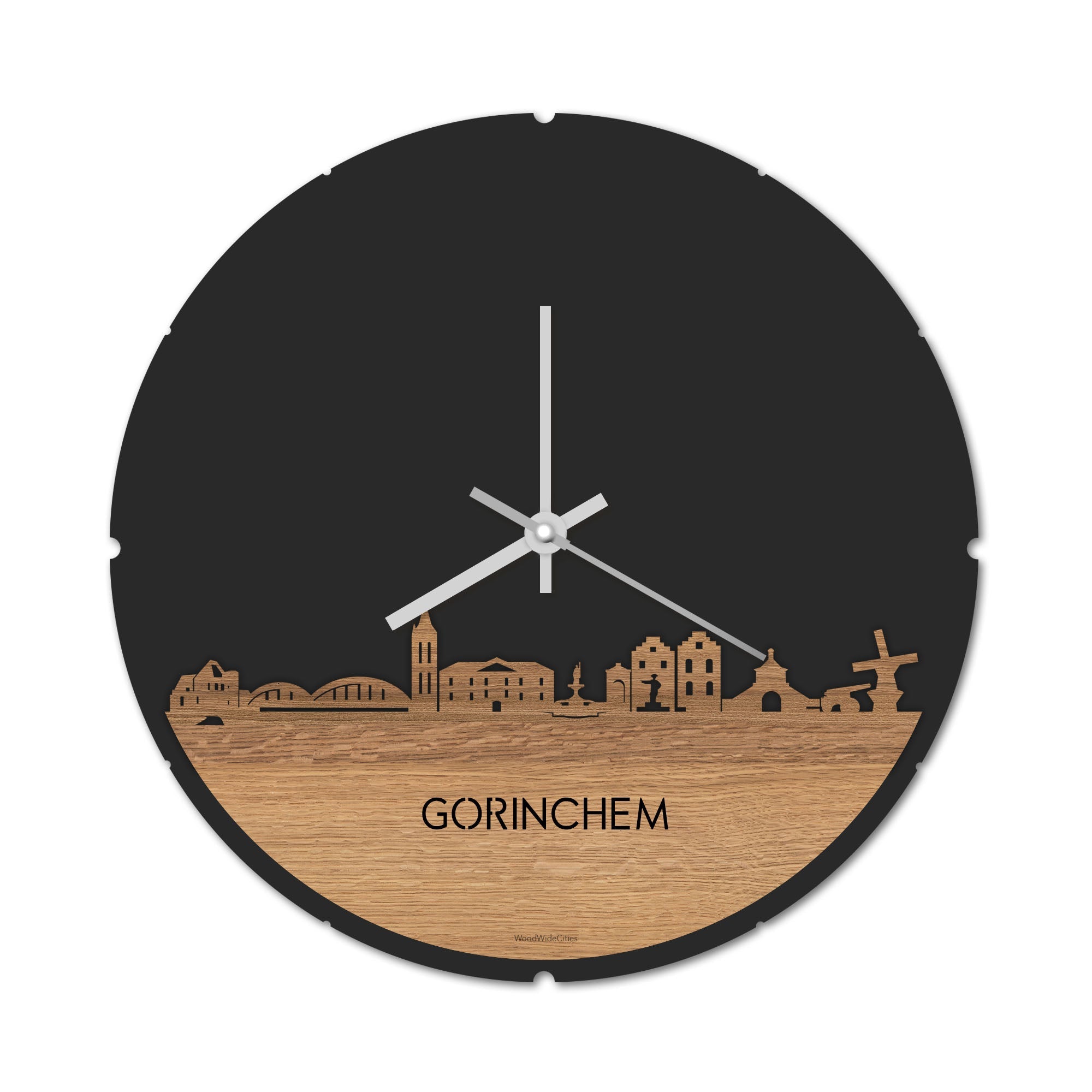 Skyline Klok Rond Gorinchem Eiken houten cadeau decoratie relatiegeschenk van WoodWideCities