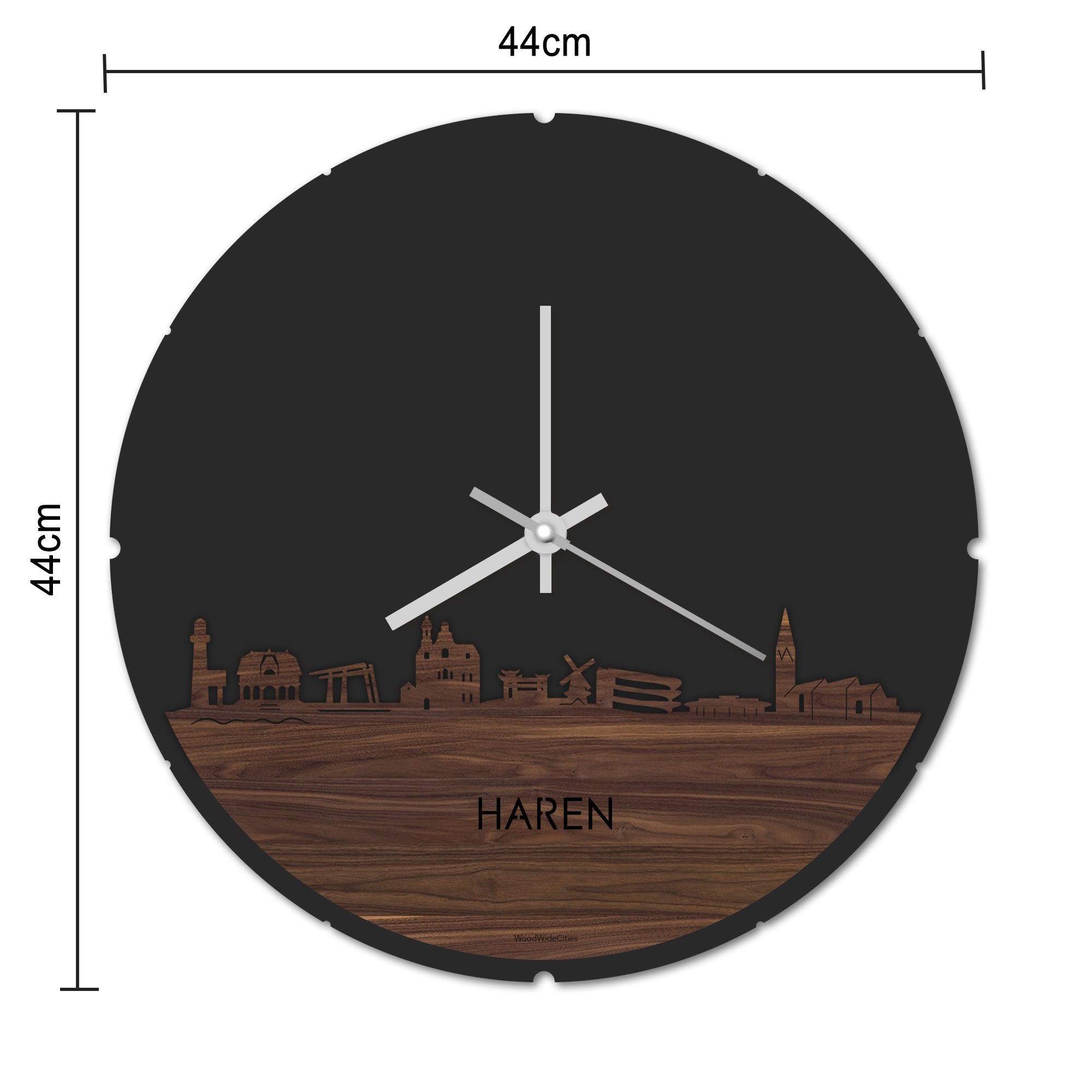 Skyline Klok Rond Haren Noten houten cadeau decoratie relatiegeschenk van WoodWideCities