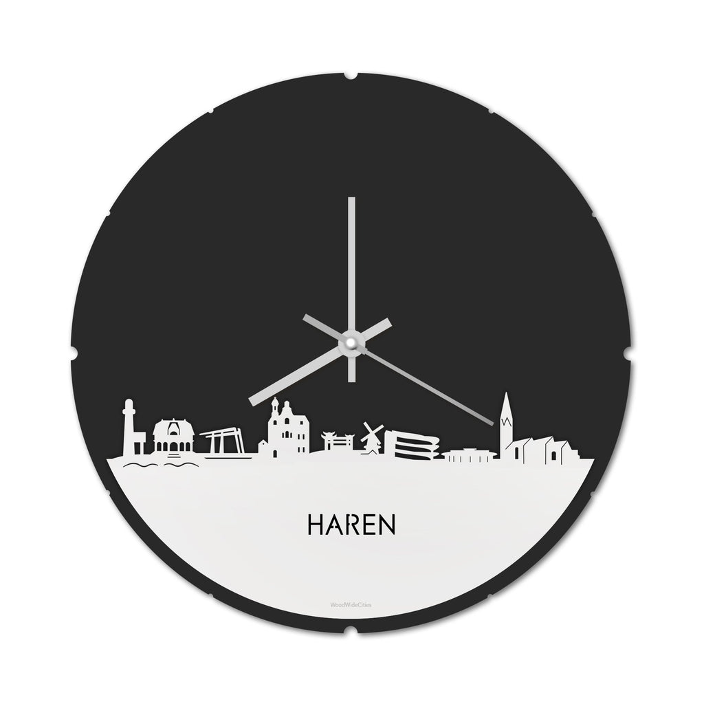 Skyline Klok Rond Haren Wit glanzend gerecycled kunststof cadeau decoratie relatiegeschenk van WoodWideCities