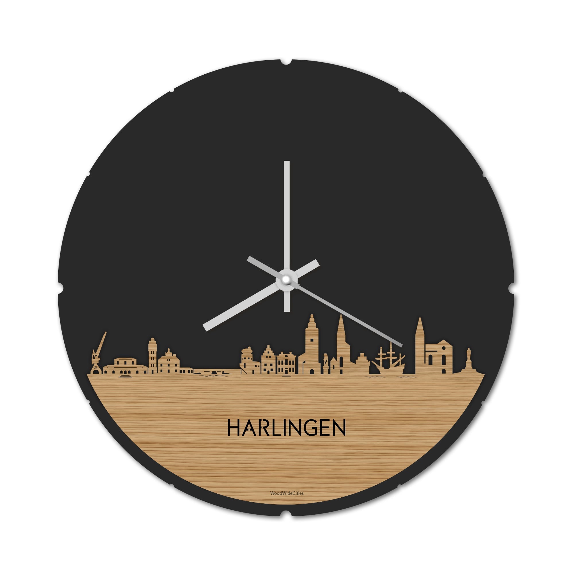 Skyline Klok Rond Harlingen Bamboe houten cadeau decoratie relatiegeschenk van WoodWideCities