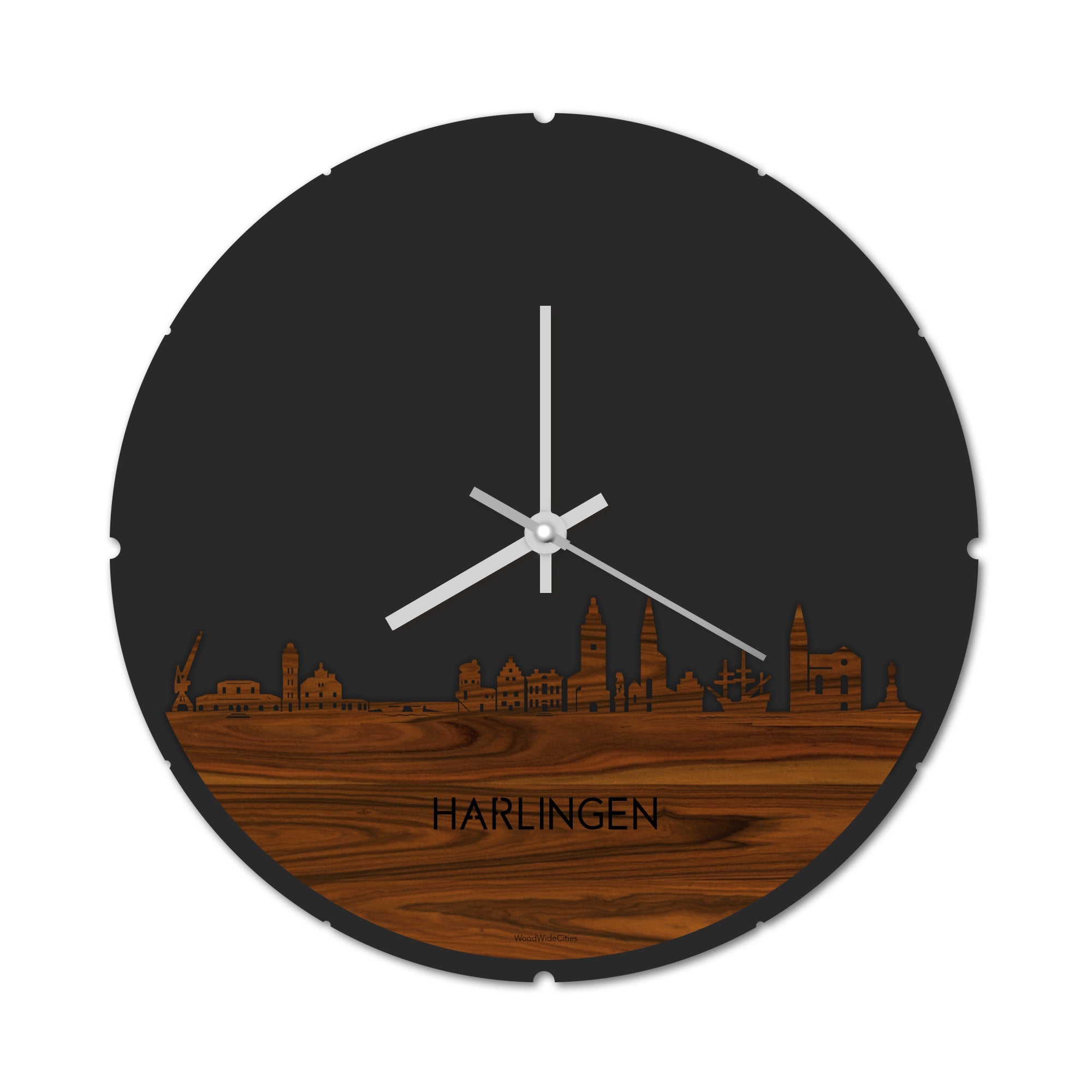 Skyline Klok Rond Harlingen Palissander houten cadeau decoratie relatiegeschenk van WoodWideCities