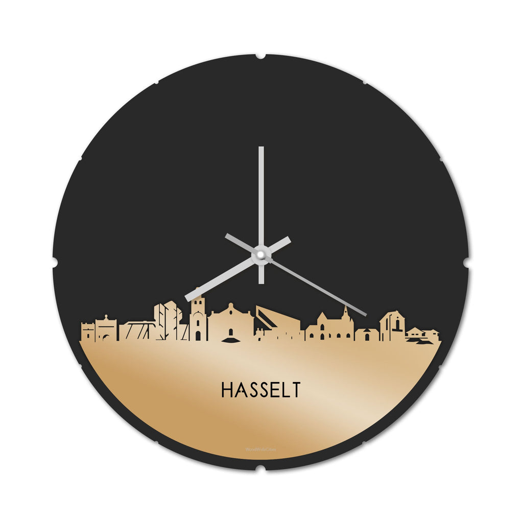 Skyline Klok Rond Hasselt Metallic Goud gerecycled kunststof cadeau decoratie relatiegeschenk van WoodWideCities