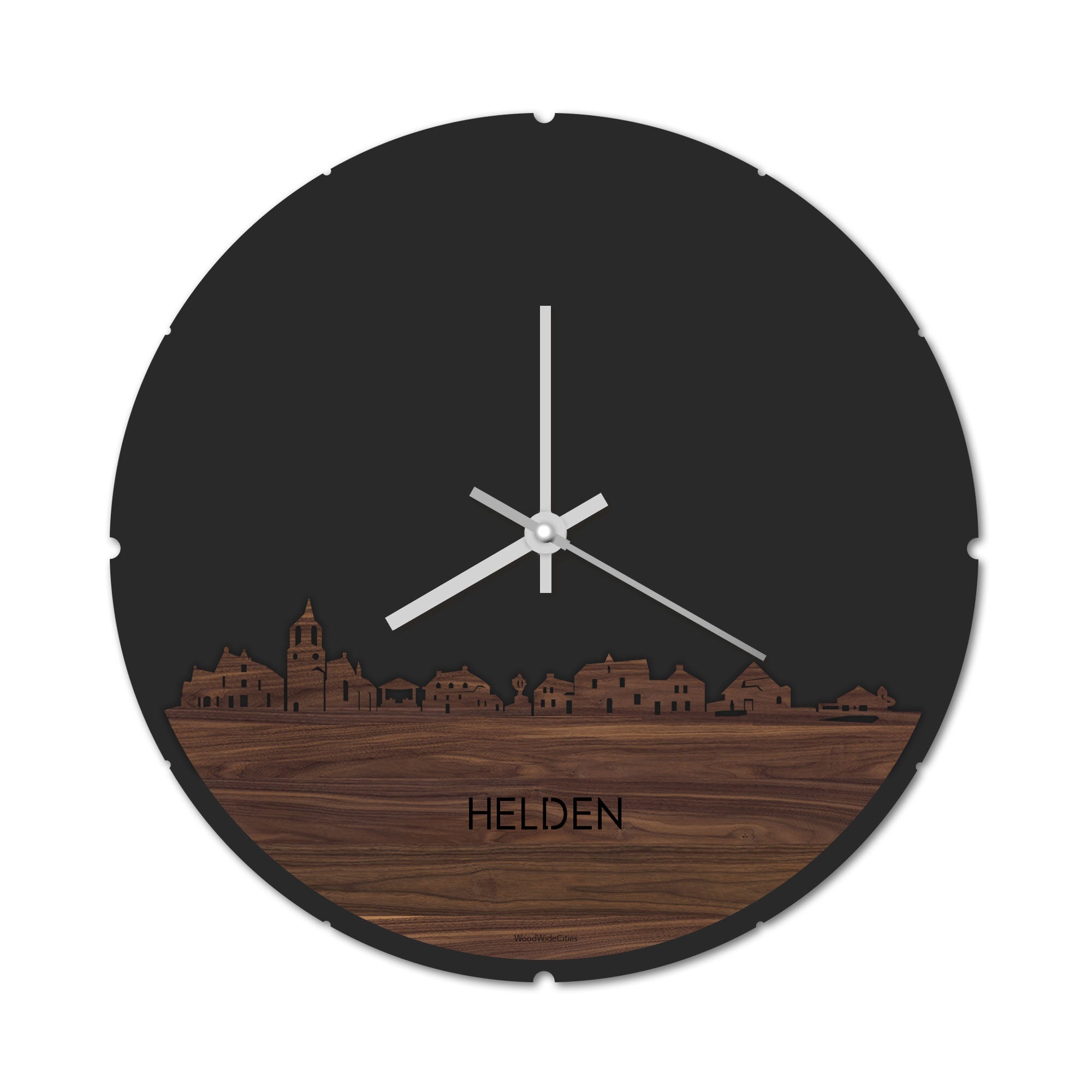 Skyline Klok Rond Helden Noten houten cadeau decoratie relatiegeschenk van WoodWideCities