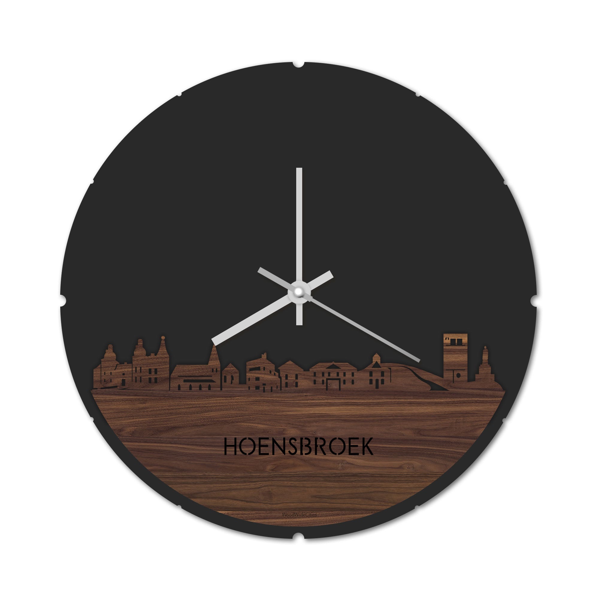 Skyline Klok Rond Hoensbroek Noten houten cadeau decoratie relatiegeschenk van WoodWideCities