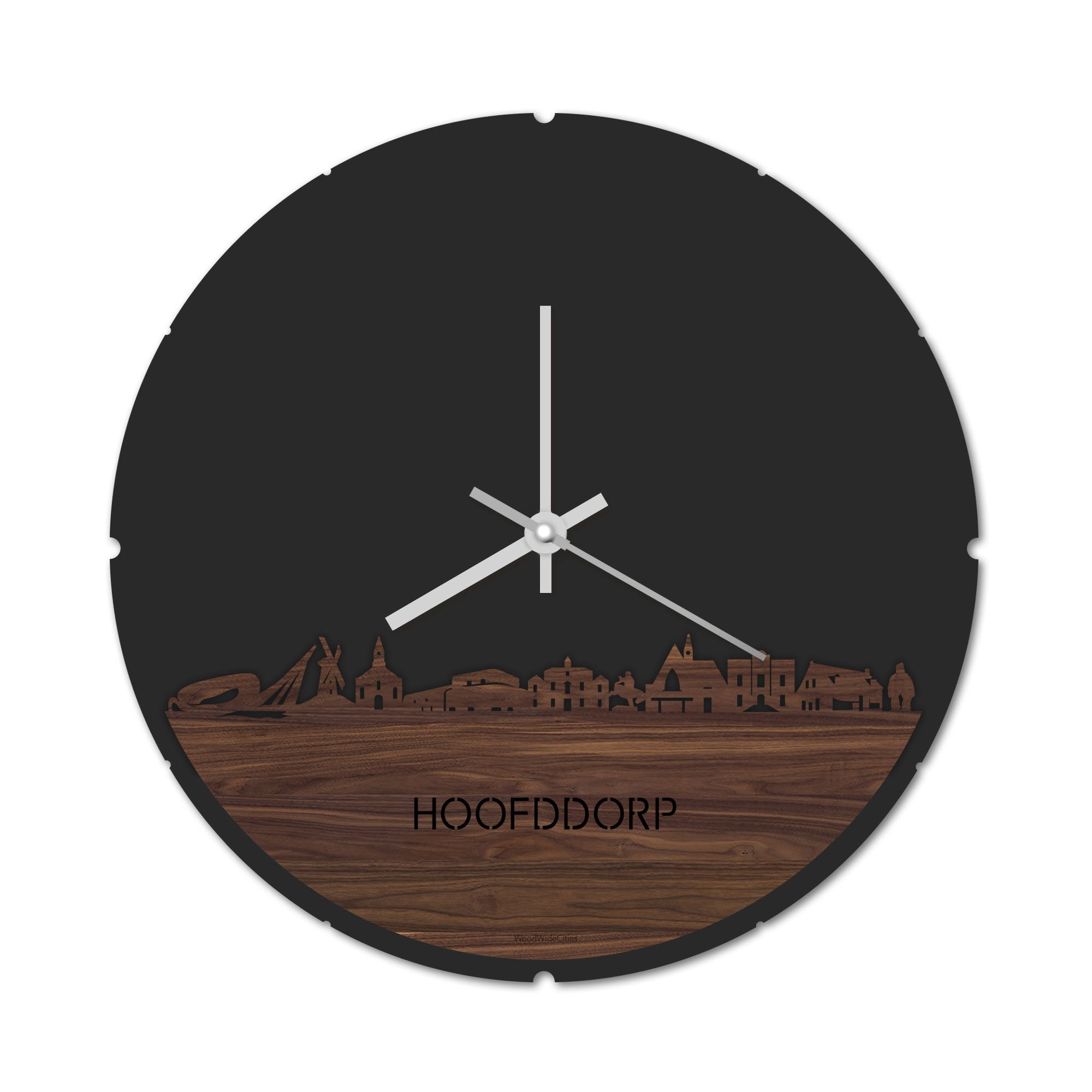 Skyline Klok Rond Hoofddorp Noten houten cadeau decoratie relatiegeschenk van WoodWideCities