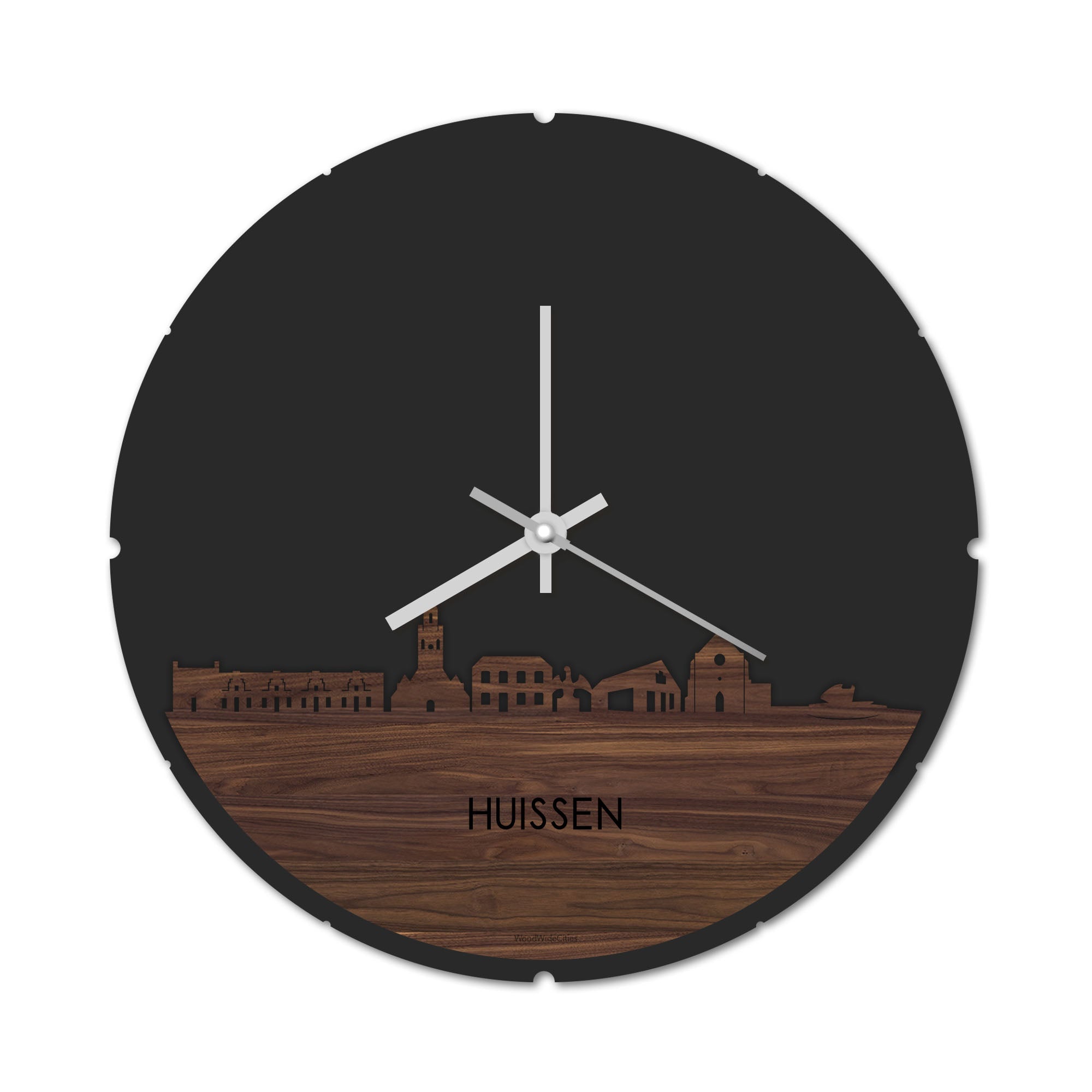 Skyline Klok Rond Huissen Noten houten cadeau decoratie relatiegeschenk van WoodWideCities