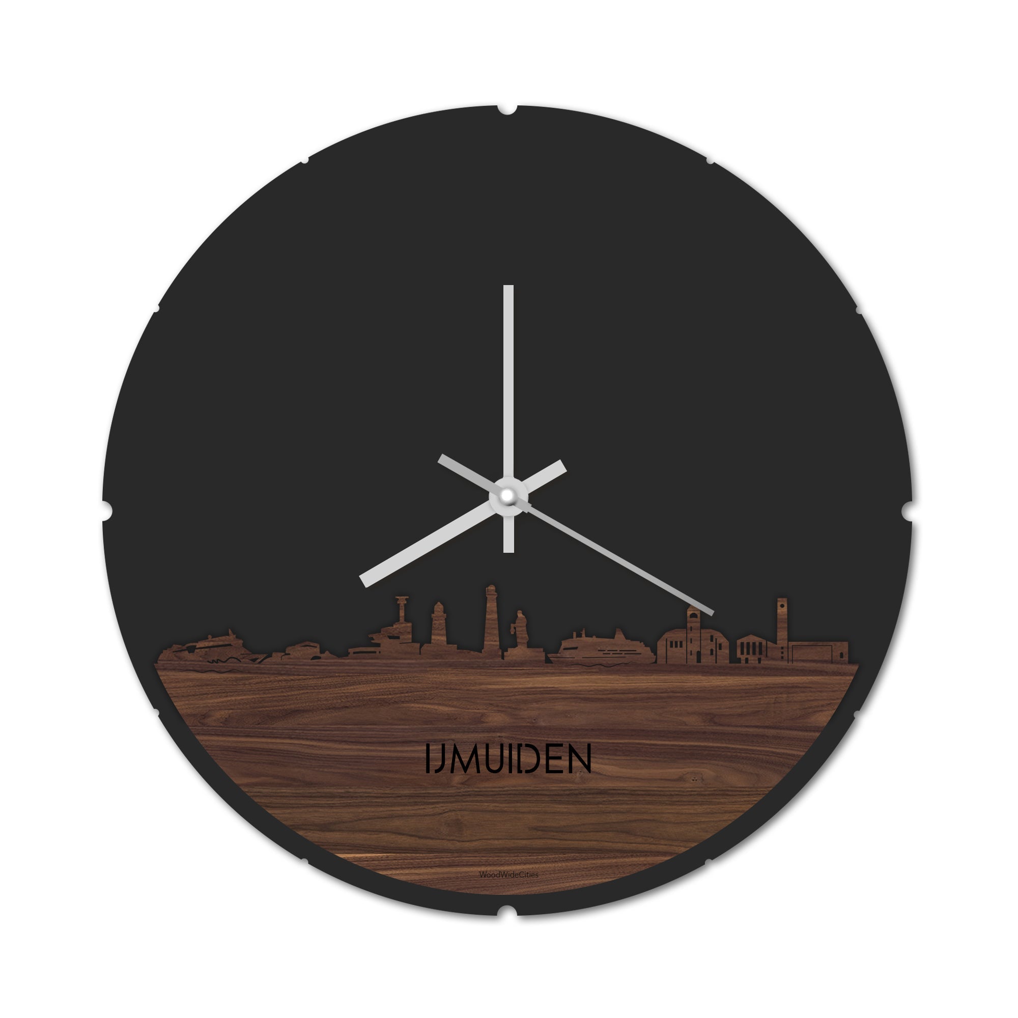 Skyline Klok Rond IJmuiden Noten houten cadeau decoratie relatiegeschenk van WoodWideCities