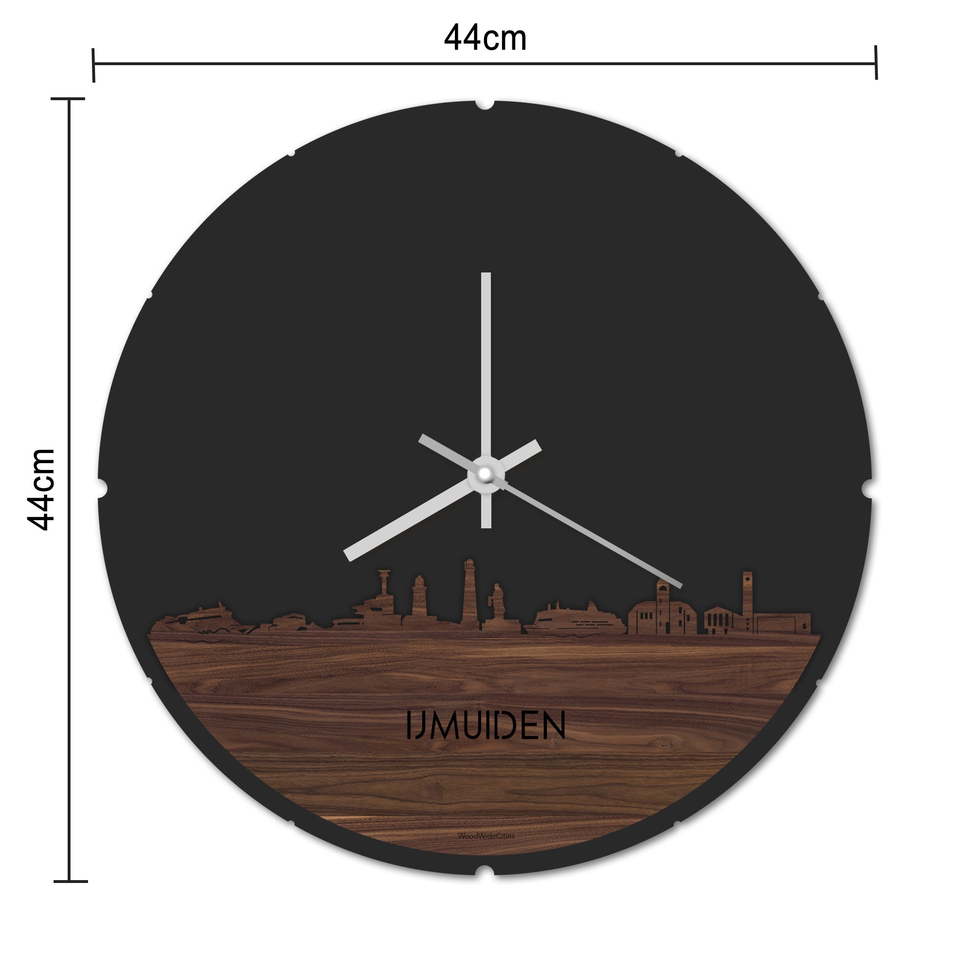 Skyline Klok Rond IJmuiden Zwart glanzend gerecycled kunststof cadeau decoratie relatiegeschenk van WoodWideCities