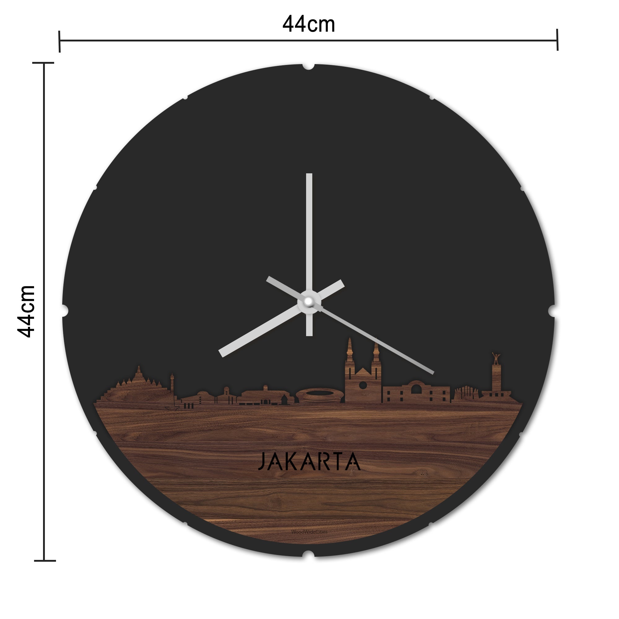 Skyline Klok Rond Jakarta Noten houten cadeau decoratie relatiegeschenk van WoodWideCities