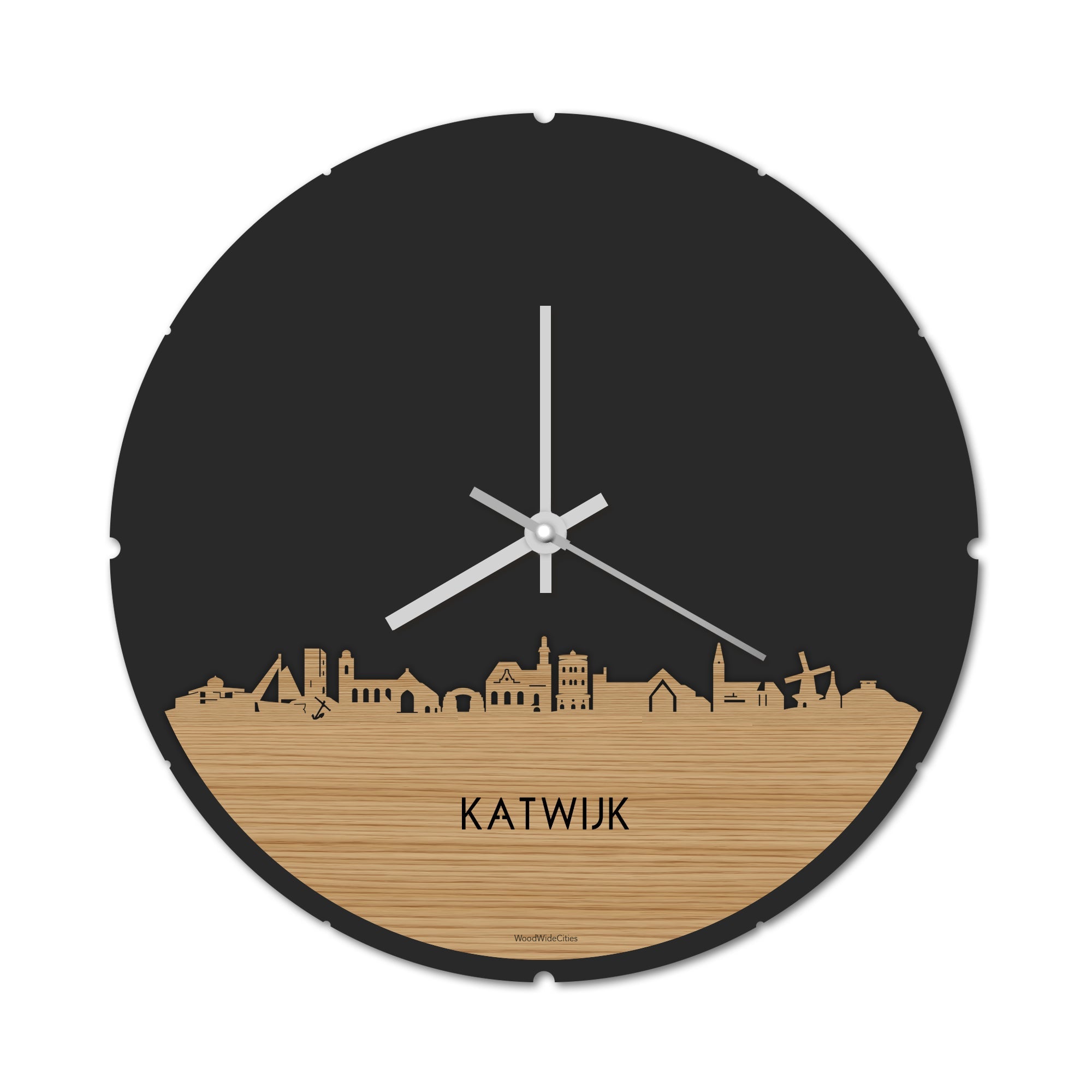 Skyline Klok Rond Katwijk Bamboe houten cadeau decoratie relatiegeschenk van WoodWideCities