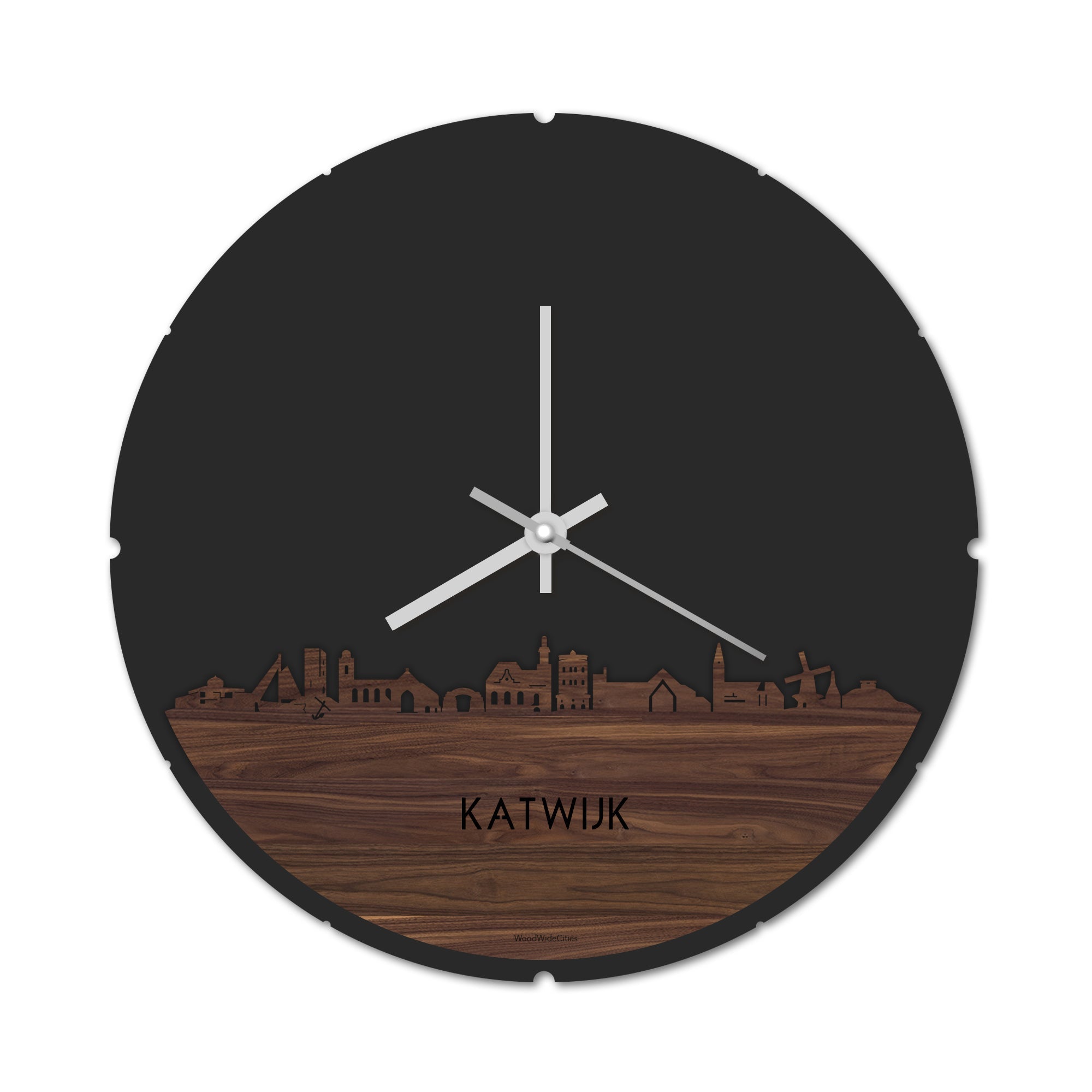 Skyline Klok Rond Katwijk Noten houten cadeau decoratie relatiegeschenk van WoodWideCities