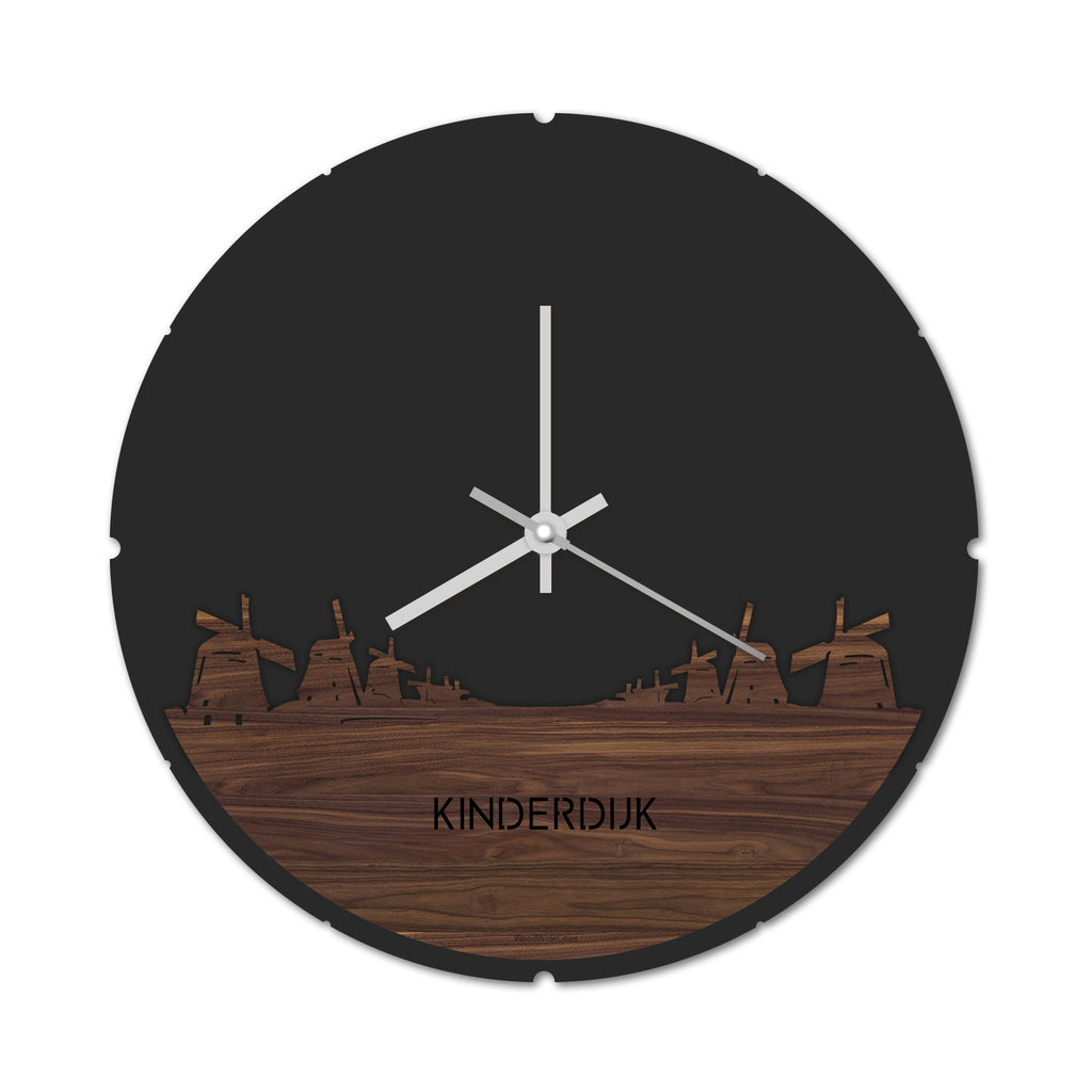 Skyline Klok Rond Kinderdijk Noten houten cadeau decoratie relatiegeschenk van WoodWideCities