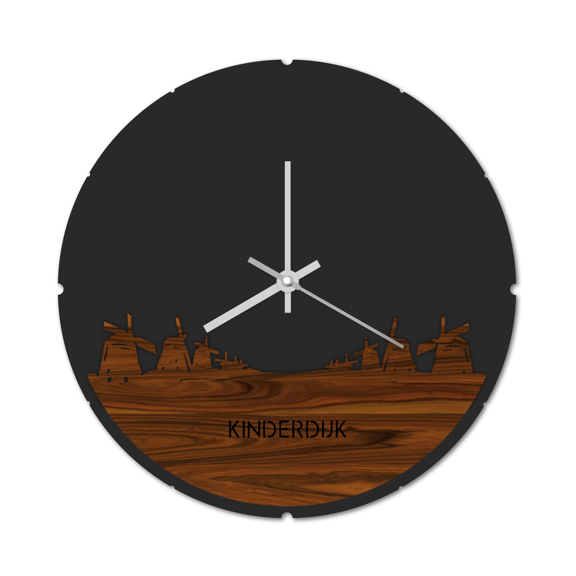 Skyline Klok Rond Kinderdijk Palissander houten cadeau decoratie relatiegeschenk van WoodWideCities