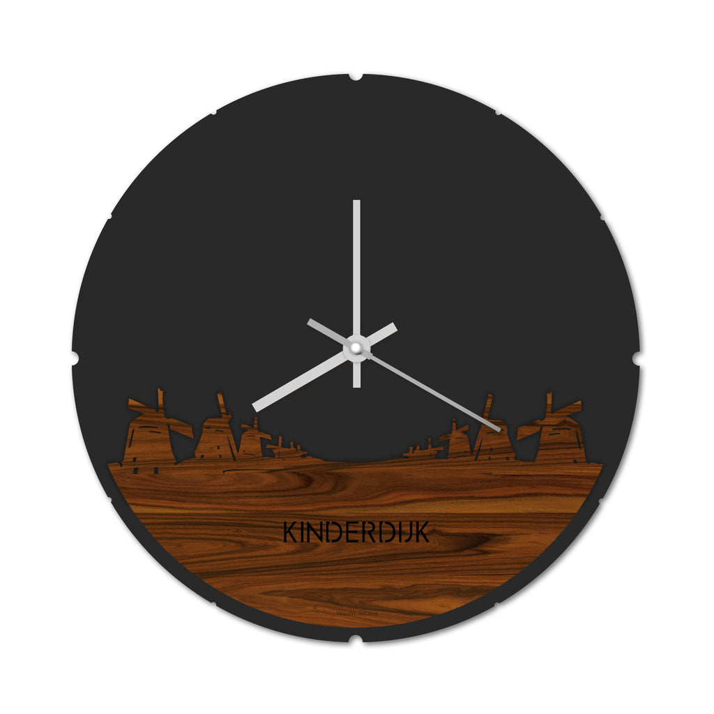 Skyline Klok Rond Kinderdijk Palissander houten cadeau decoratie relatiegeschenk van WoodWideCities