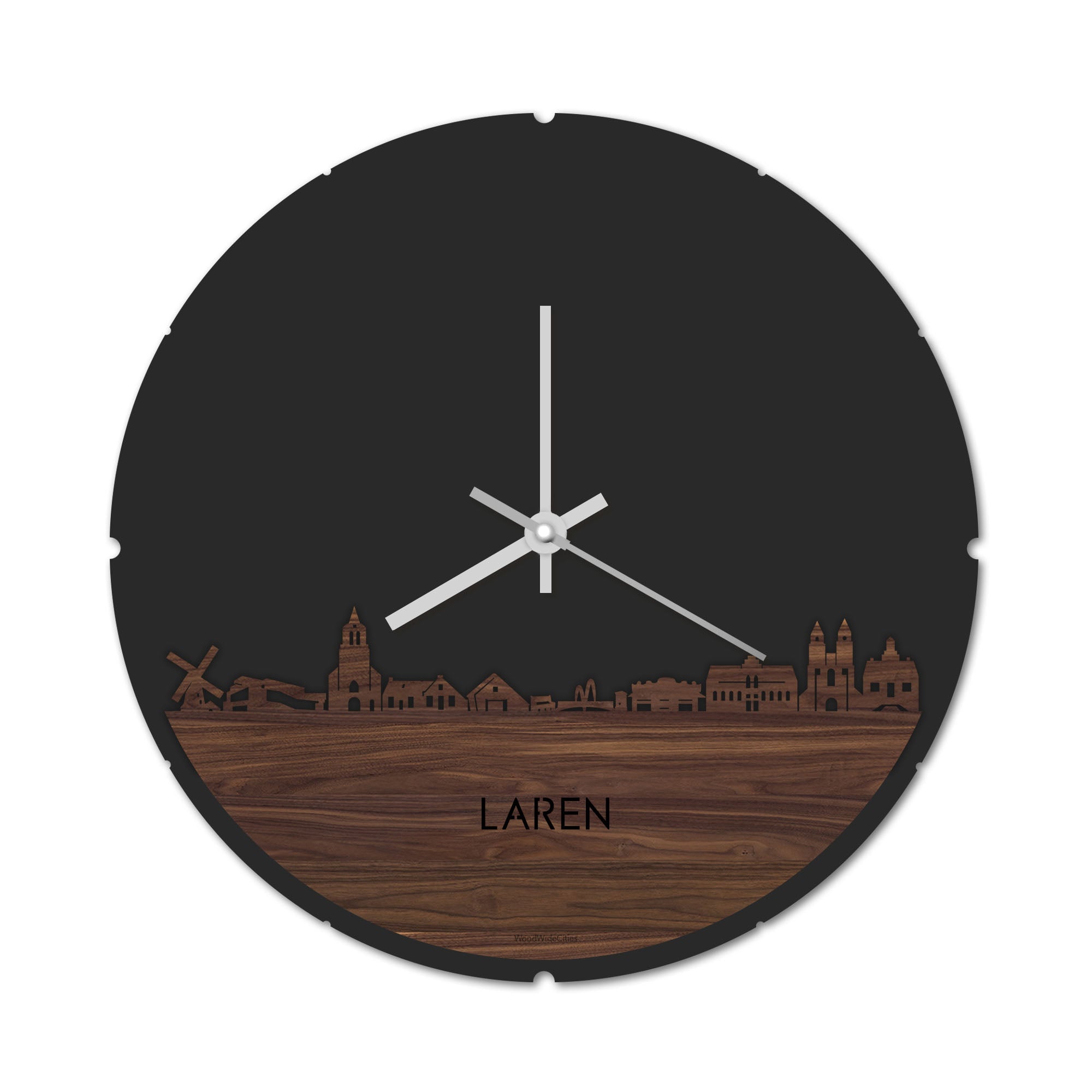 Skyline Klok Rond Laren Noten houten cadeau decoratie relatiegeschenk van WoodWideCities