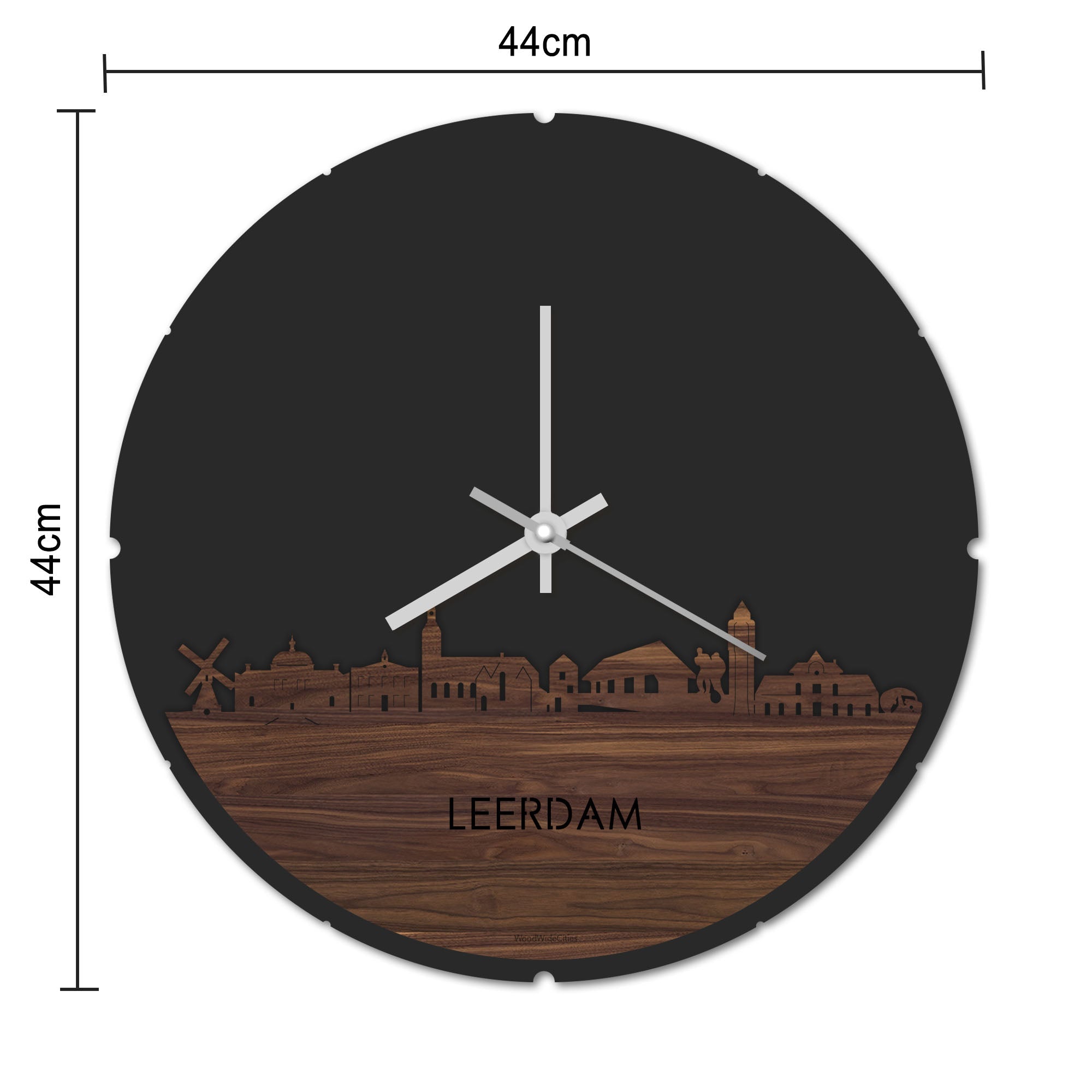 Skyline Klok Rond Leerdam Noten houten cadeau decoratie relatiegeschenk van WoodWideCities