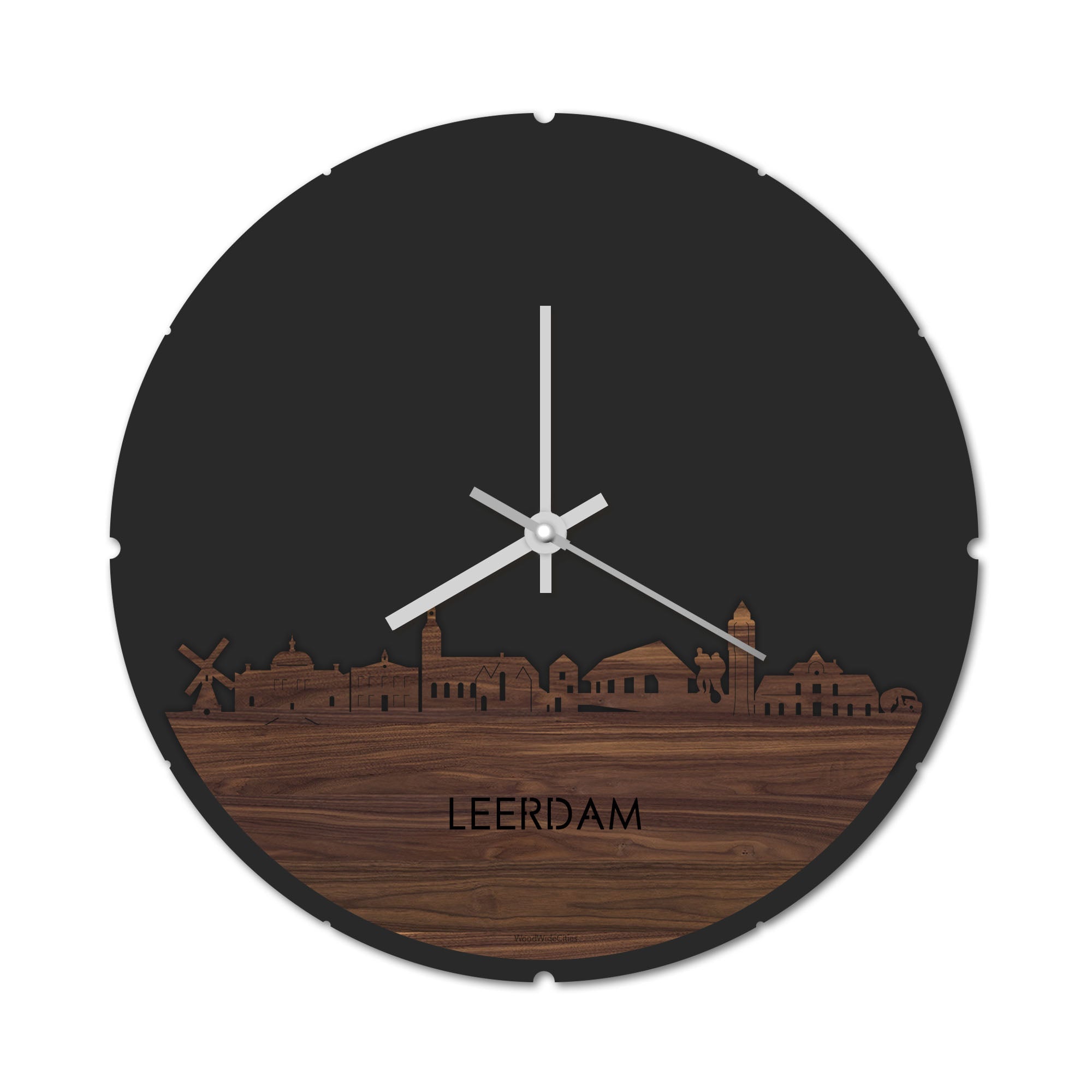 Skyline Klok Rond Leerdam Noten houten cadeau decoratie relatiegeschenk van WoodWideCities