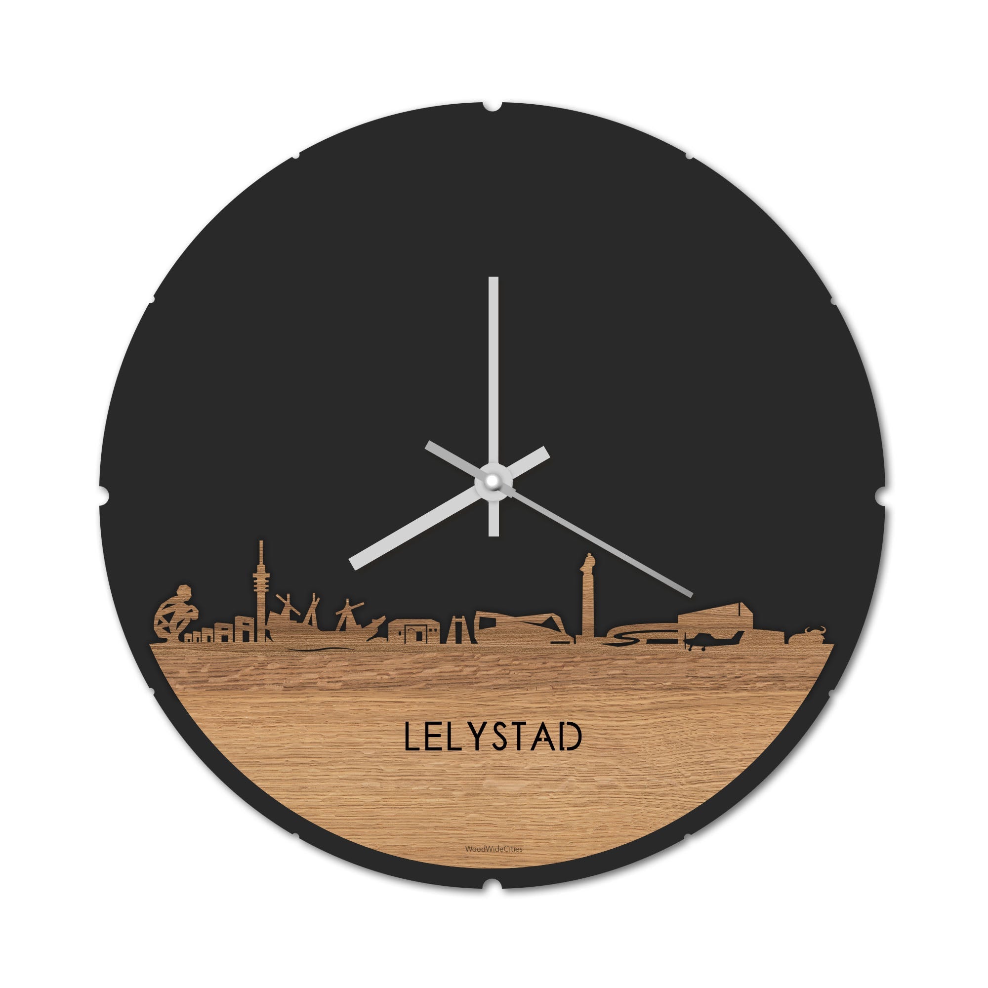 Skyline Klok Rond Lelystad Eiken houten cadeau decoratie relatiegeschenk van WoodWideCities