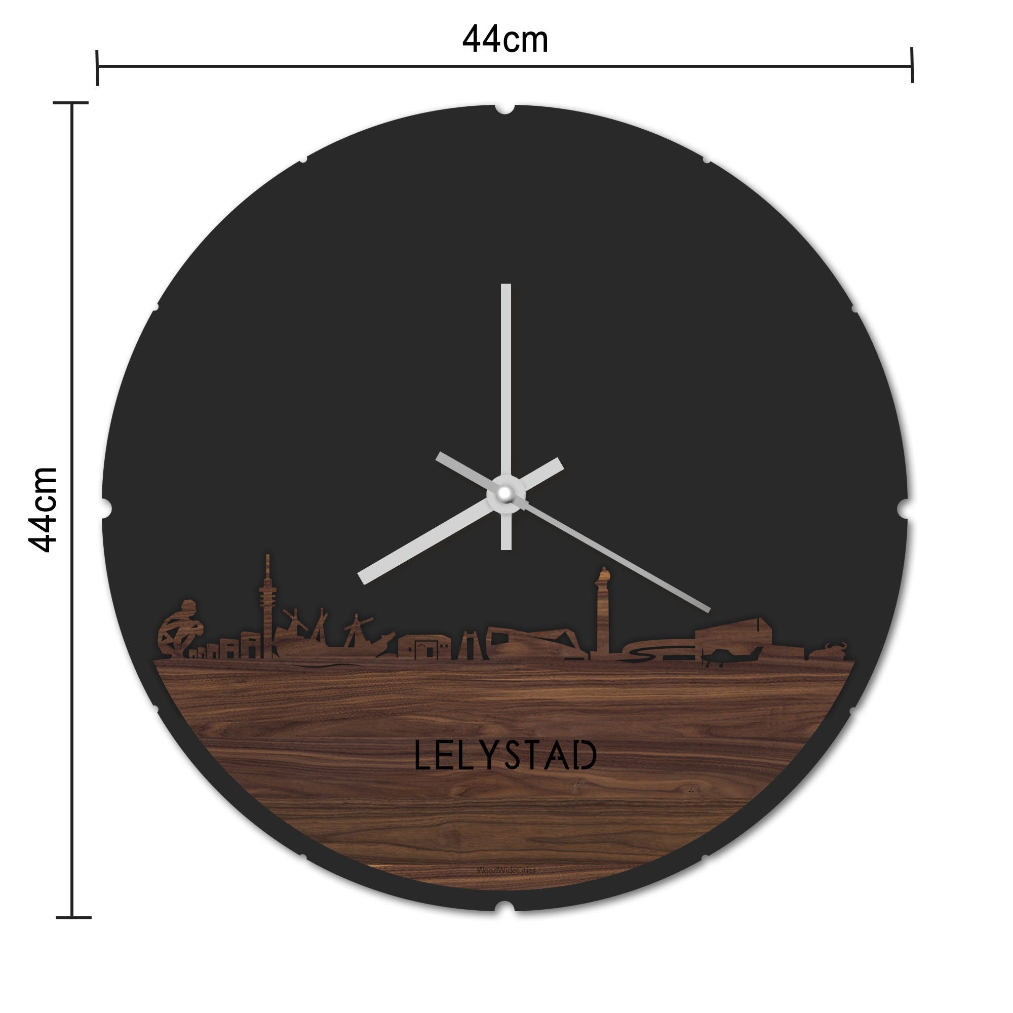 Skyline Klok Rond Lelystad Palissander houten cadeau decoratie relatiegeschenk van WoodWideCities