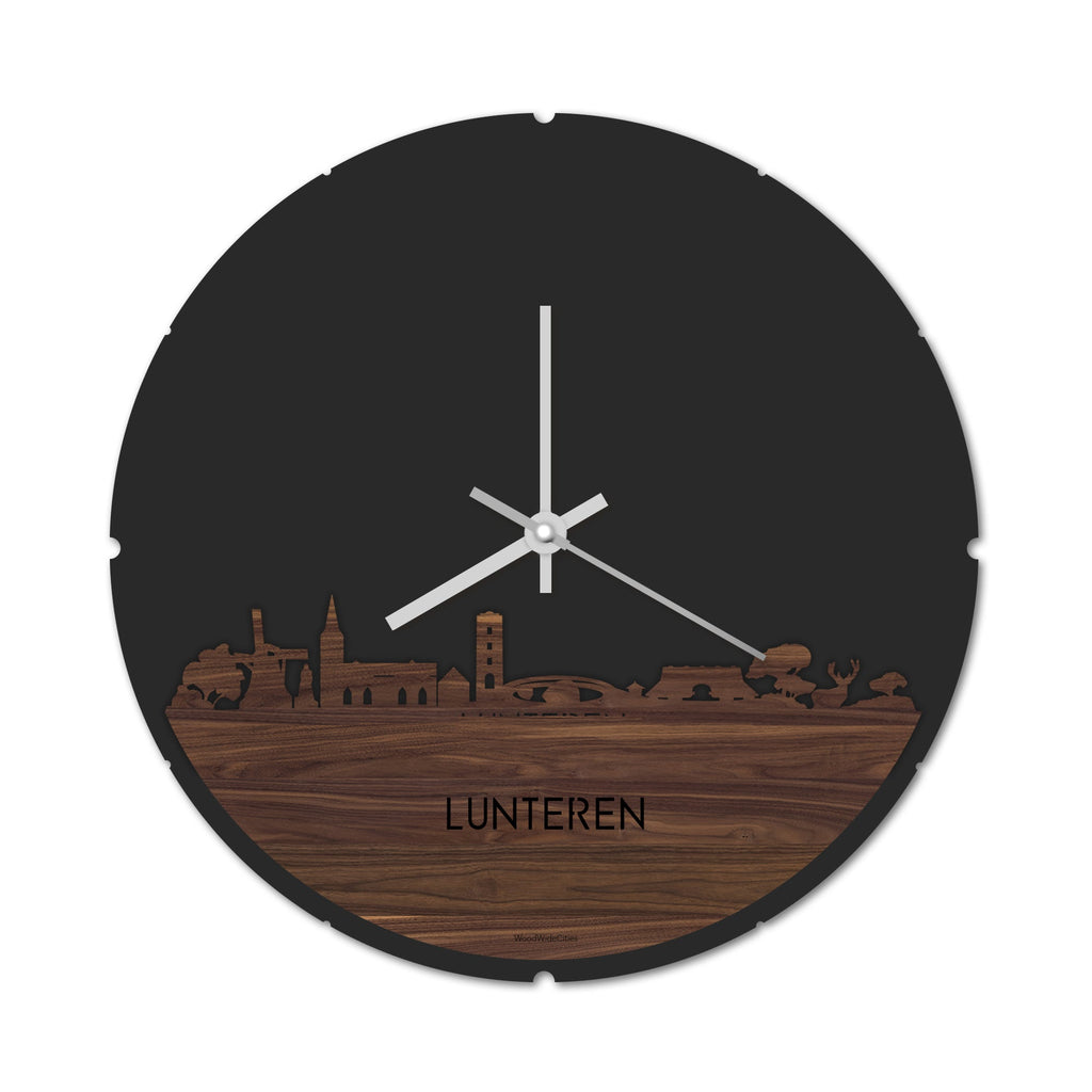 Skyline Klok Rond Lunteren Noten houten cadeau decoratie relatiegeschenk van WoodWideCities