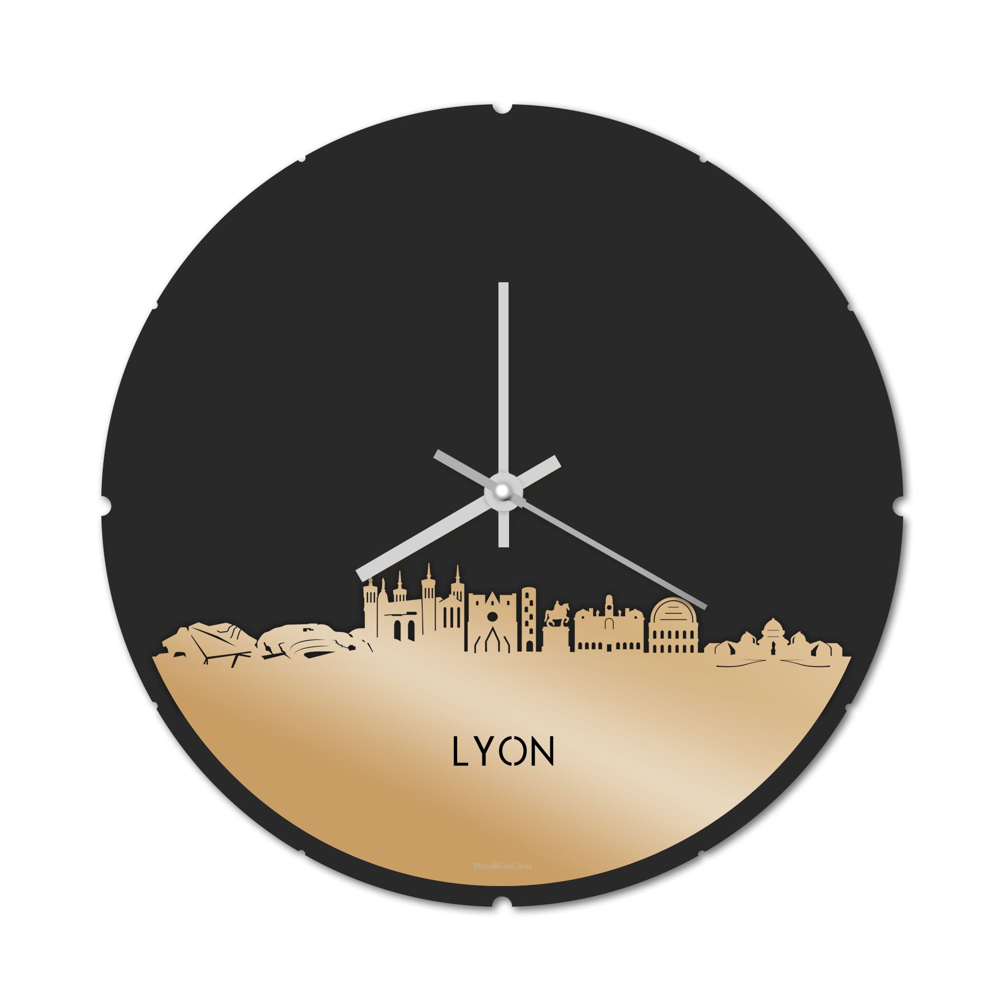 Skyline Klok Rond Lyon Metallic Goud gerecycled kunststof cadeau decoratie relatiegeschenk van WoodWideCities