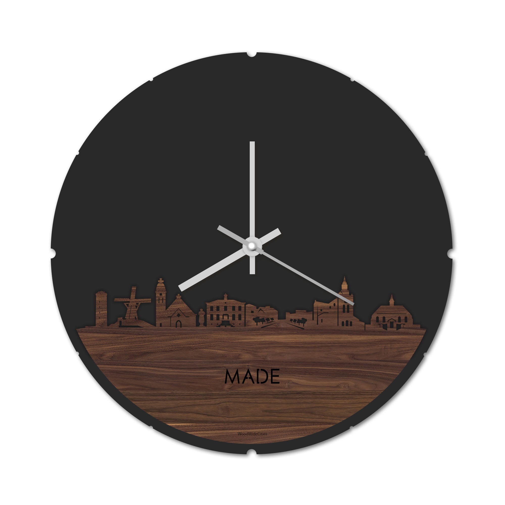 Skyline Klok Rond Made Noten houten cadeau decoratie relatiegeschenk van WoodWideCities