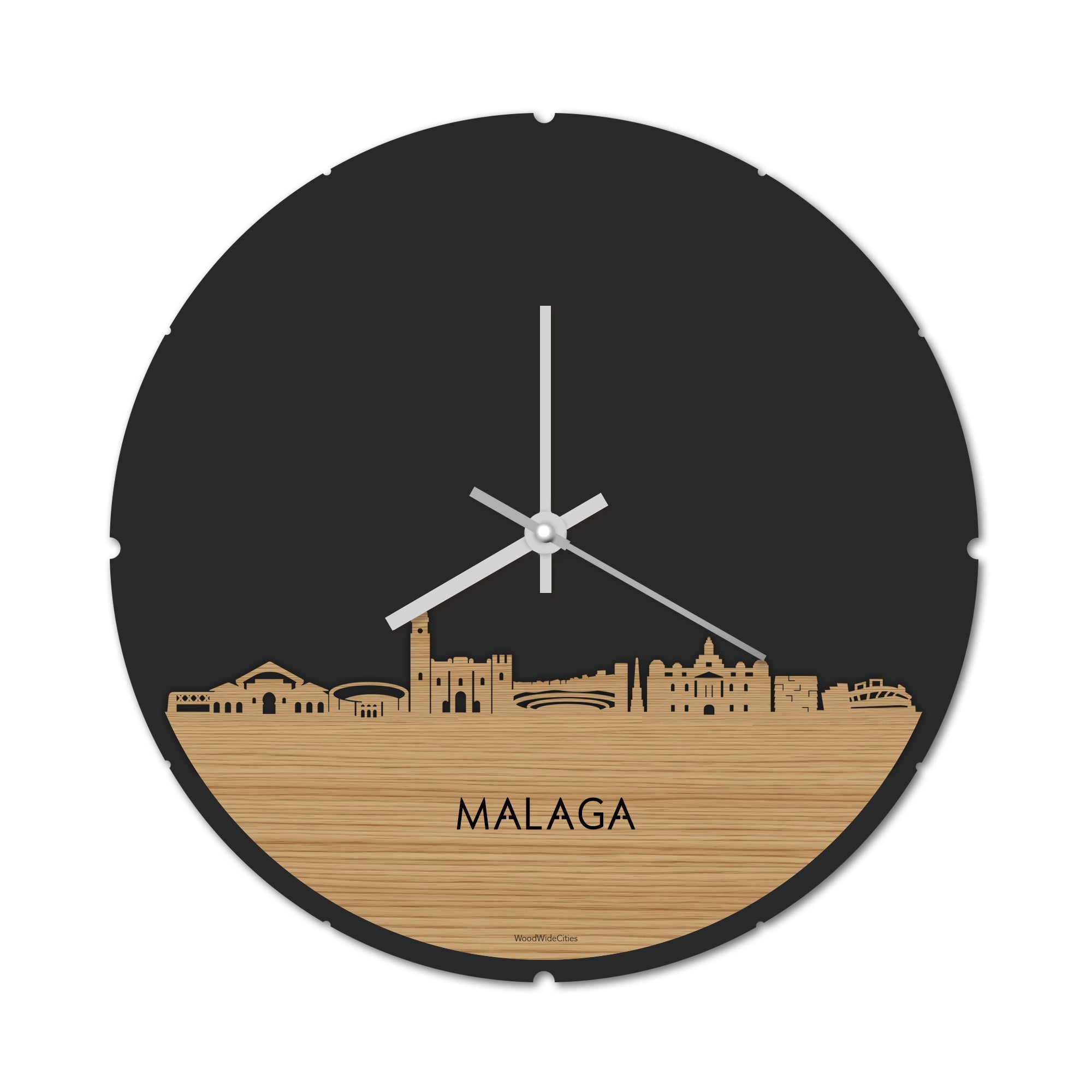 Skyline Klok Rond Malaga Bamboe houten cadeau decoratie relatiegeschenk van WoodWideCities