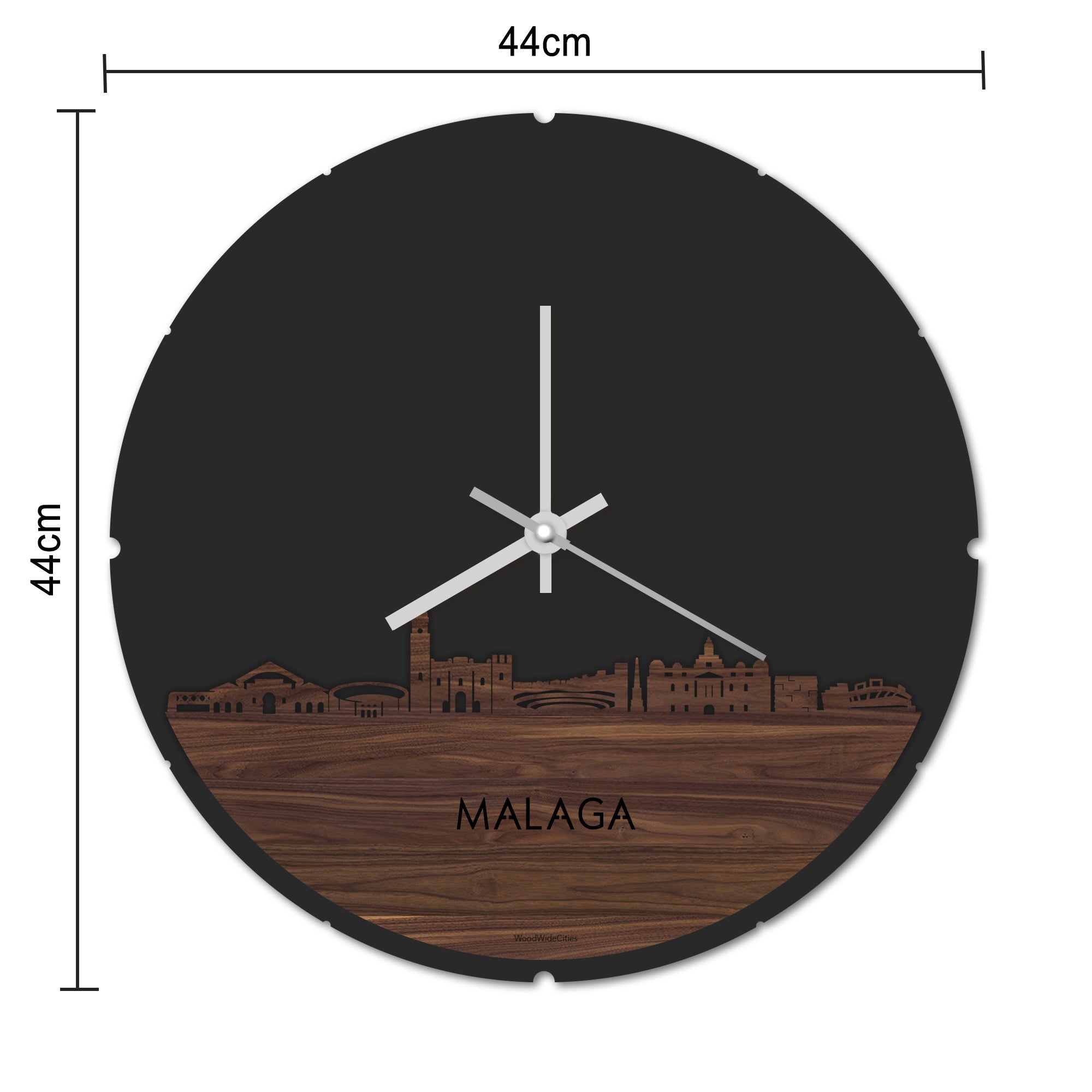 Skyline Klok Rond Malaga Noten houten cadeau decoratie relatiegeschenk van WoodWideCities