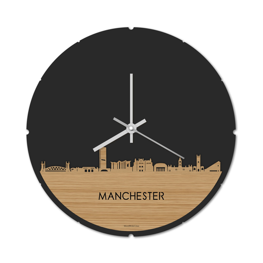 Skyline Klok Rond Manchester Bamboe houten cadeau decoratie relatiegeschenk van WoodWideCities