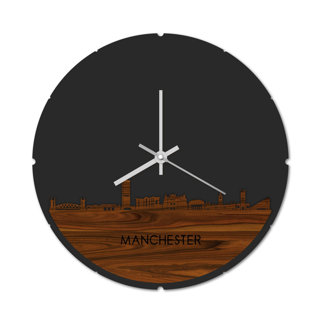 Skyline Klok Rond Manchester Palissander houten cadeau decoratie relatiegeschenk van WoodWideCities