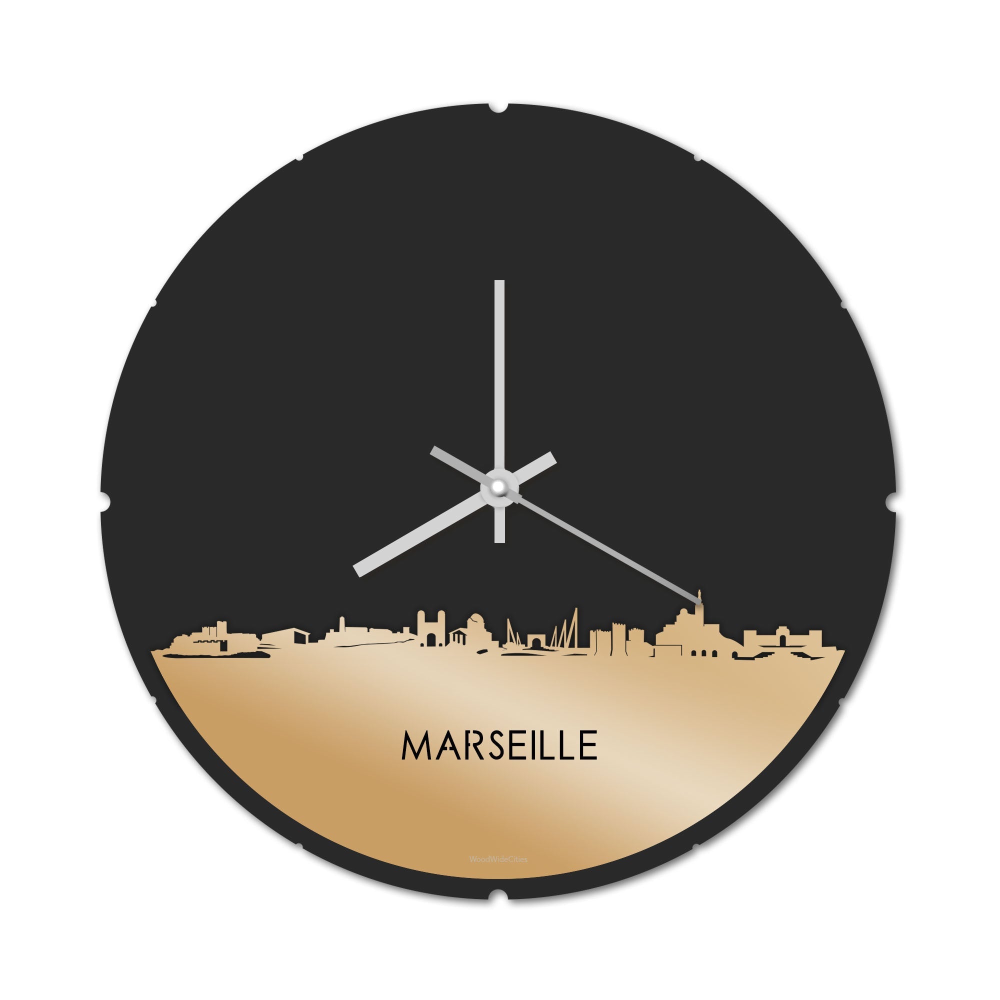 Skyline Klok Rond Marseille Metallic Goud gerecycled kunststof cadeau decoratie relatiegeschenk van WoodWideCities