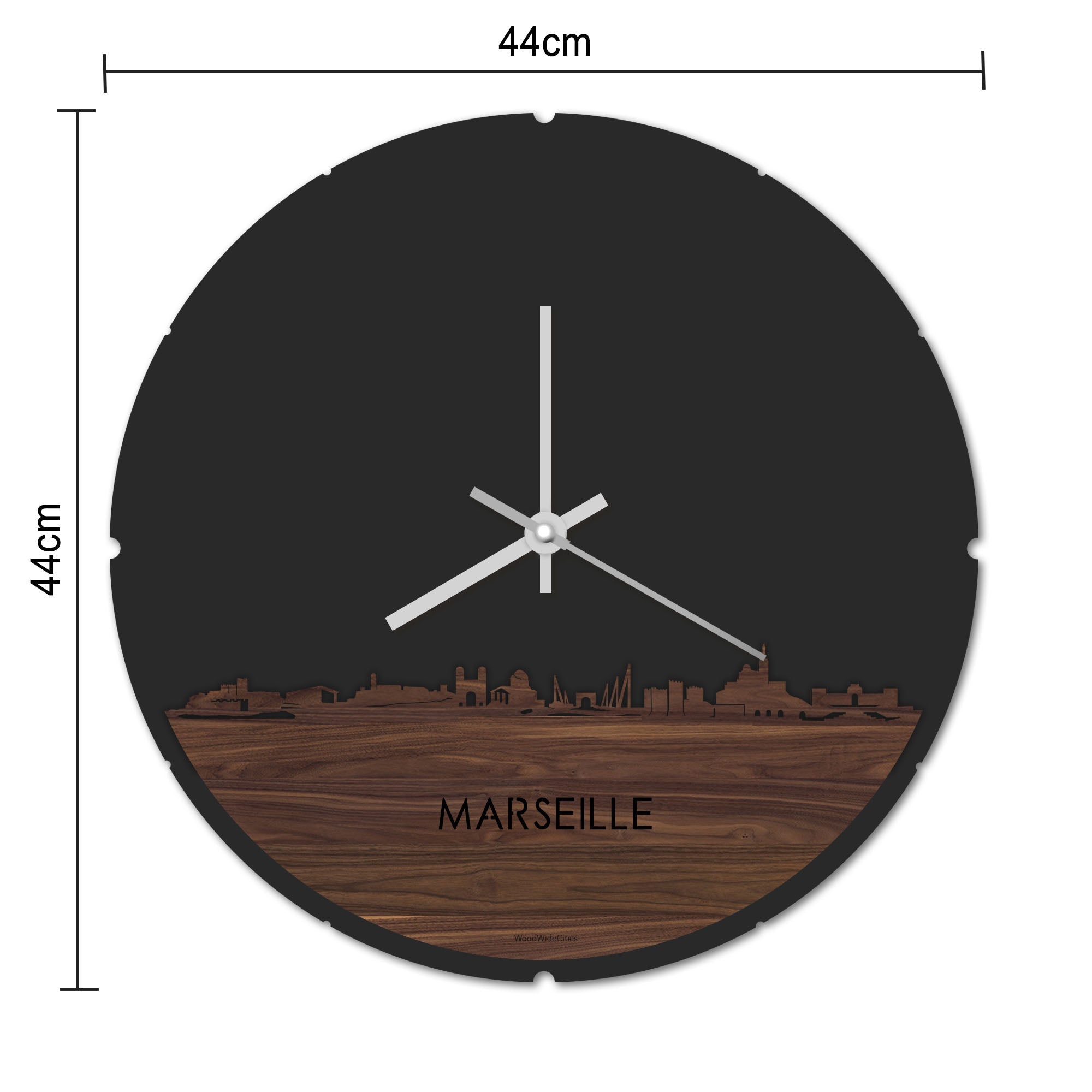 Skyline Klok Rond Marseille Noten houten cadeau decoratie relatiegeschenk van WoodWideCities