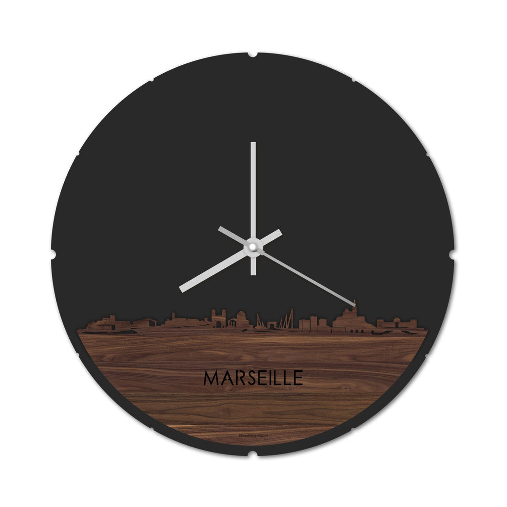 Skyline Klok Rond Marseille Noten houten cadeau decoratie relatiegeschenk van WoodWideCities