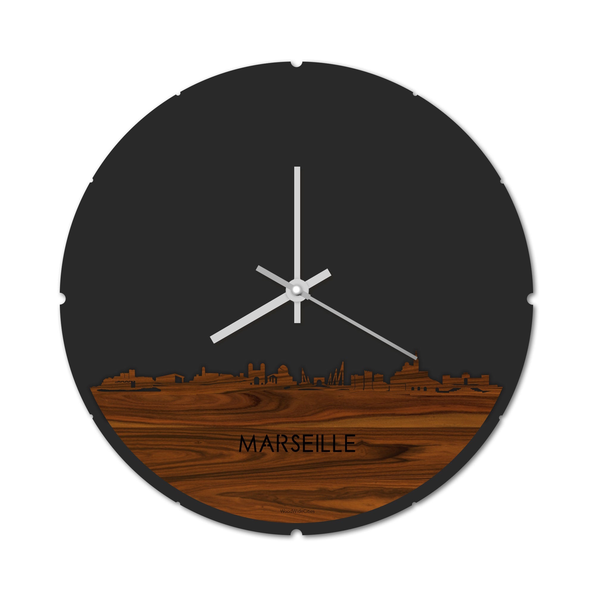 Skyline Klok Rond Marseille Palissander houten cadeau decoratie relatiegeschenk van WoodWideCities