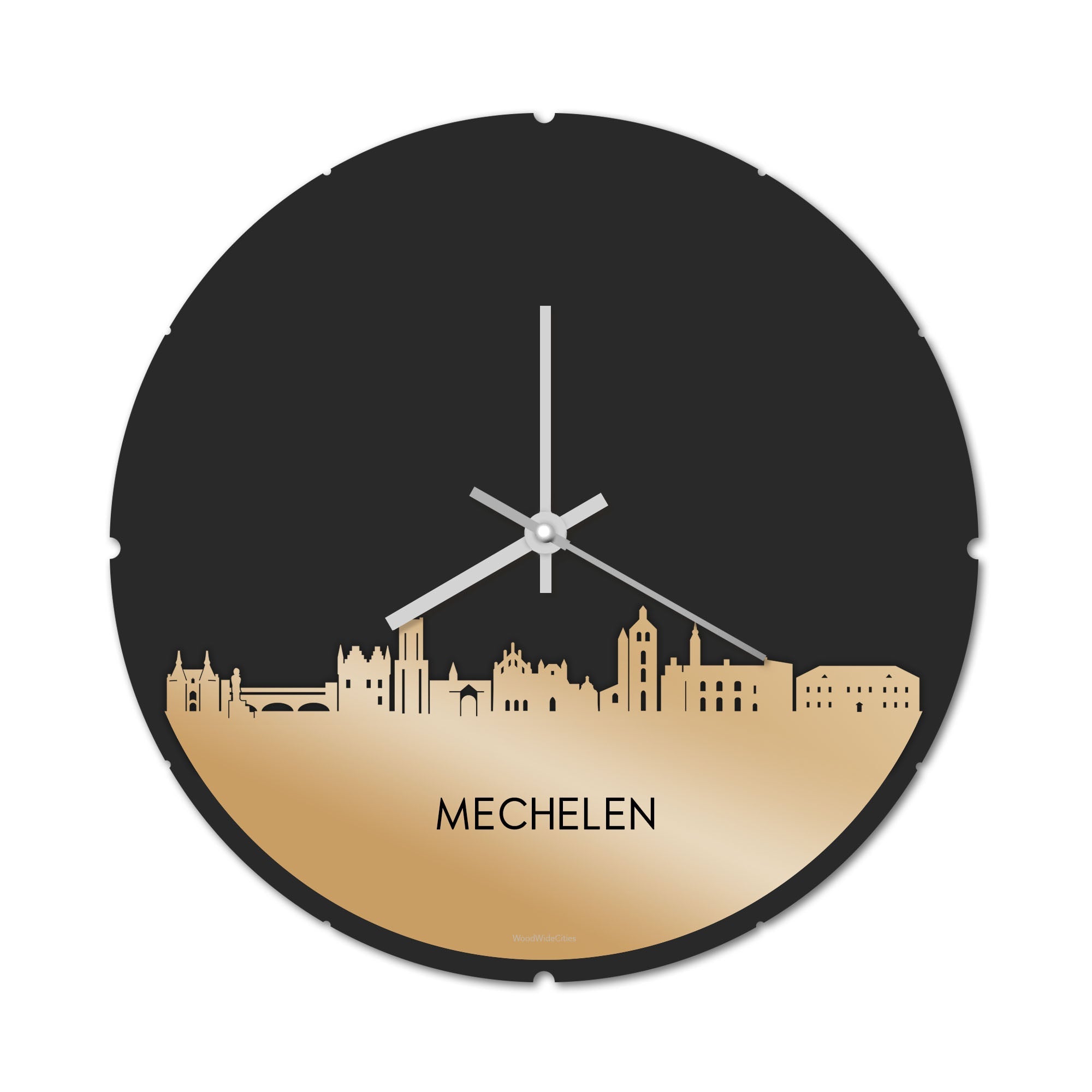 Skyline Klok Rond Mechelen Metallic Goud gerecycled kunststof cadeau decoratie relatiegeschenk van WoodWideCities