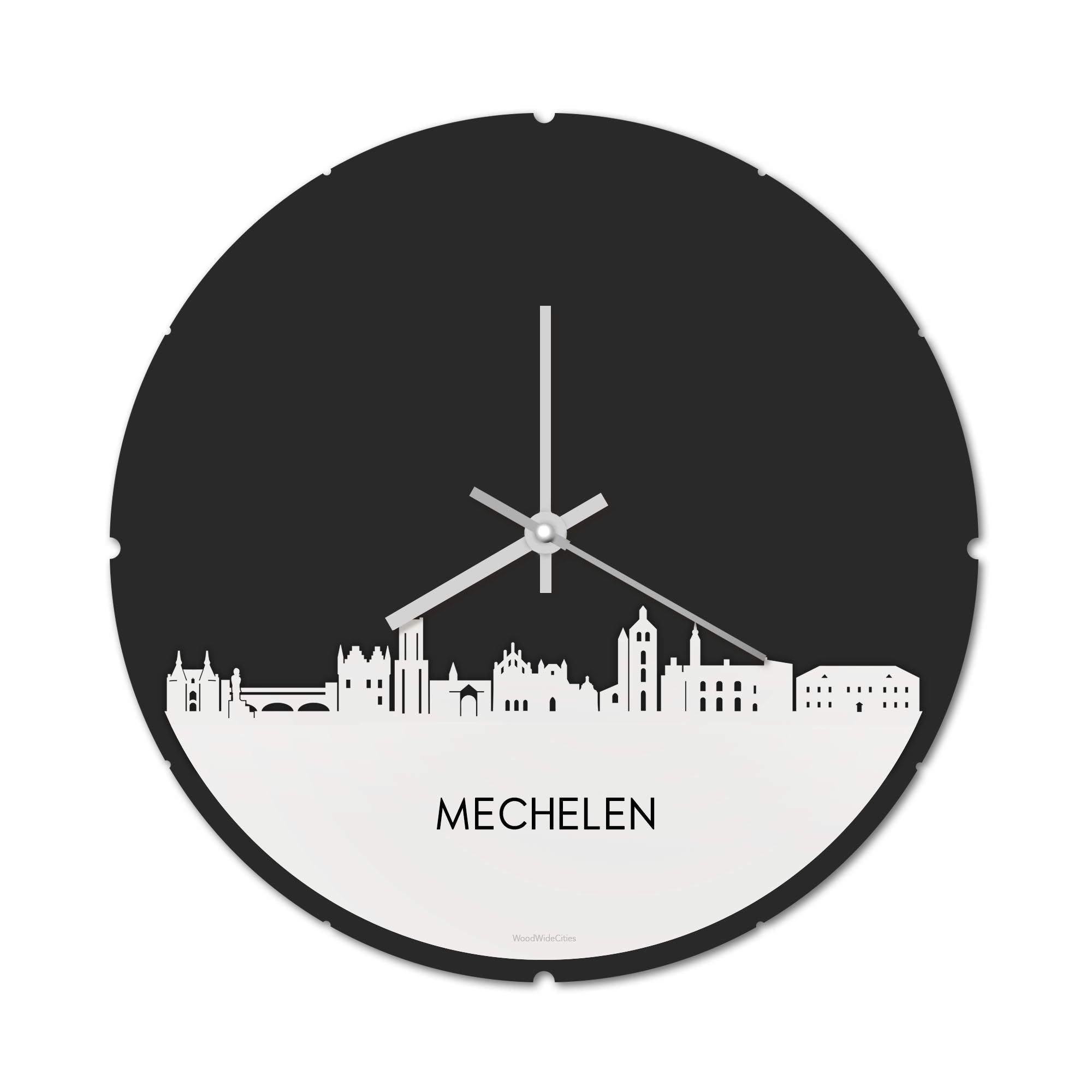 Skyline Klok Rond Mechelen Wit glanzend gerecycled kunststof cadeau decoratie relatiegeschenk van WoodWideCities