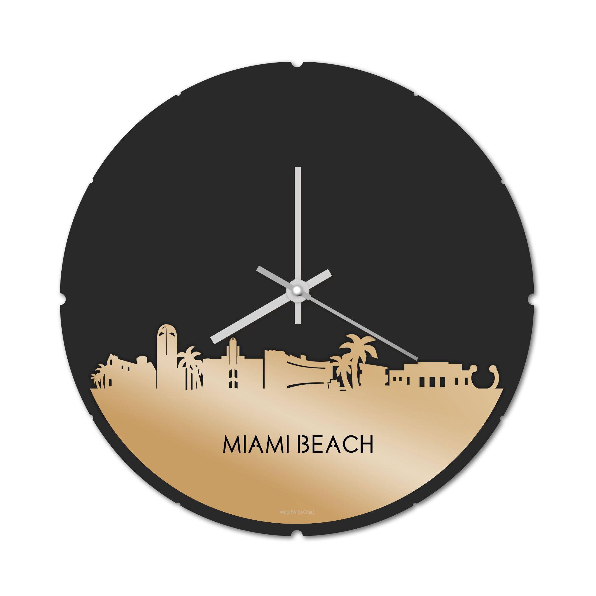 Skyline Klok Rond Miami-beach Metallic Goud gerecycled kunststof cadeau decoratie relatiegeschenk van WoodWideCities