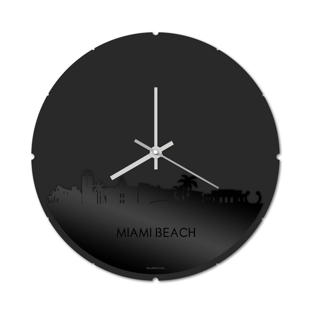 Skyline Klok Rond Miami-beach Zwart glanzend gerecycled kunststof cadeau decoratie relatiegeschenk van WoodWideCities