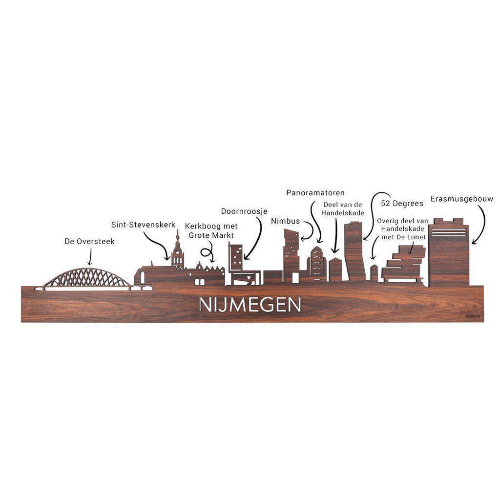 Skyline Klok Rond Nijmegen Noten houten cadeau decoratie relatiegeschenk van WoodWideCities