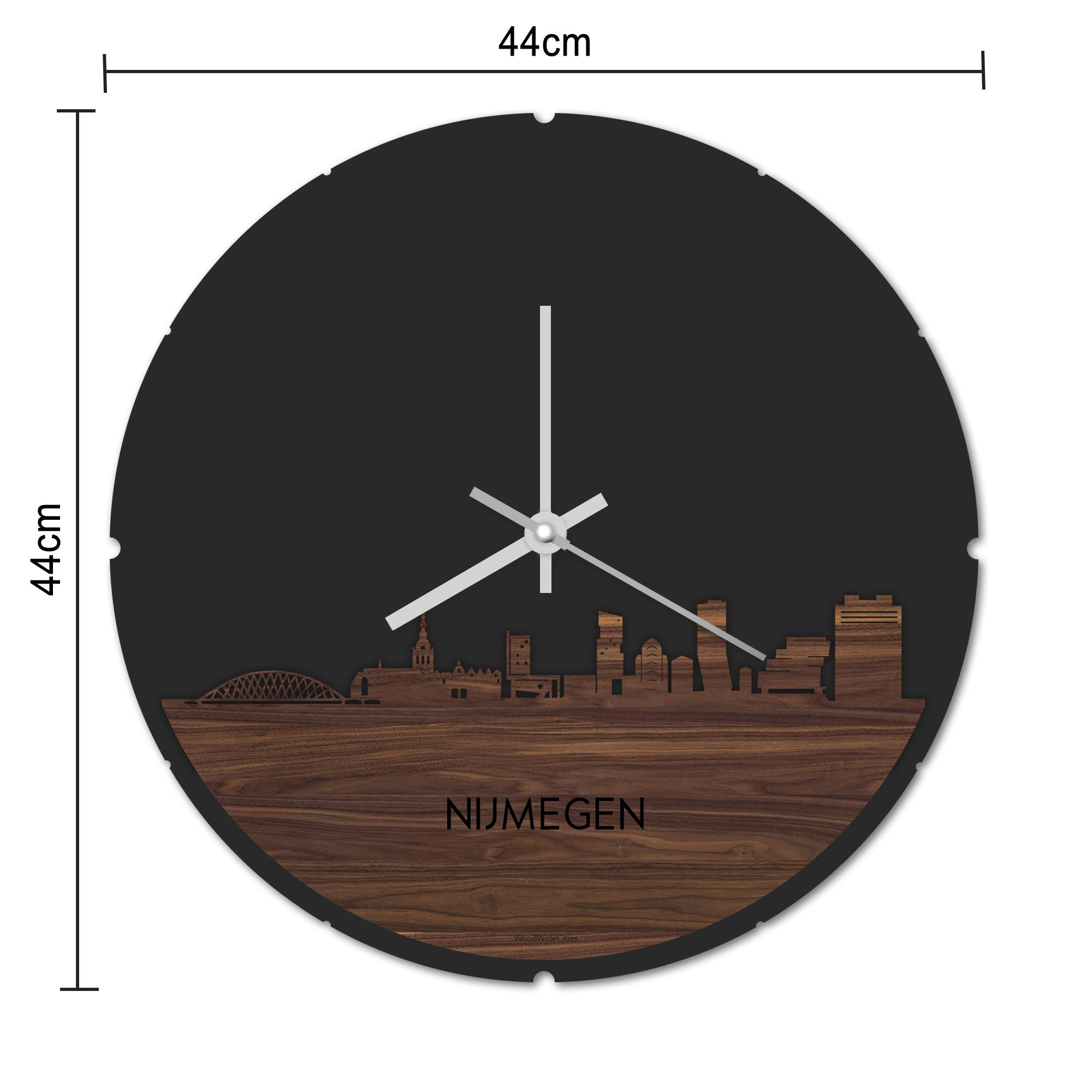 Skyline Klok Rond Nijmegen Noten houten cadeau decoratie relatiegeschenk van WoodWideCities