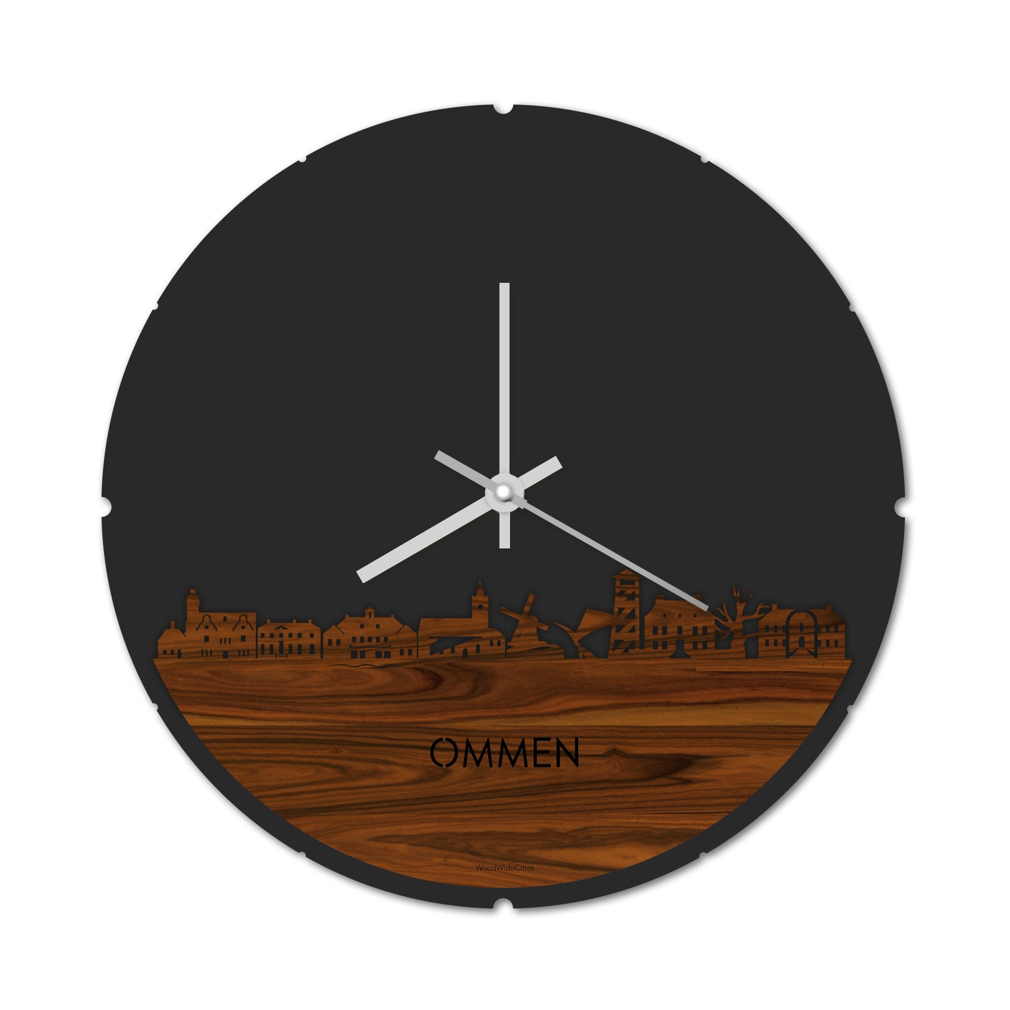 Skyline Klok Rond Ommen Palissander houten cadeau decoratie relatiegeschenk van WoodWideCities