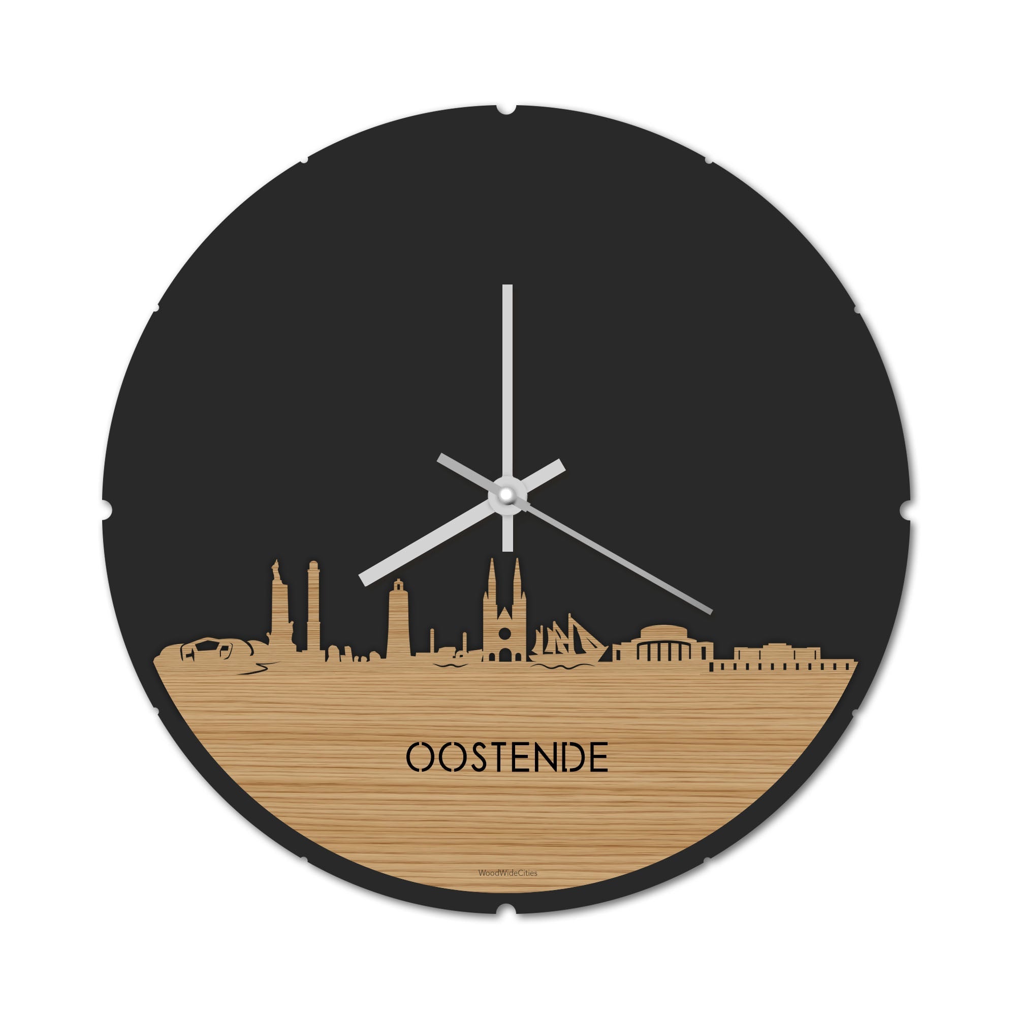 Skyline Klok Rond Oostende Bamboe houten cadeau decoratie relatiegeschenk van WoodWideCities