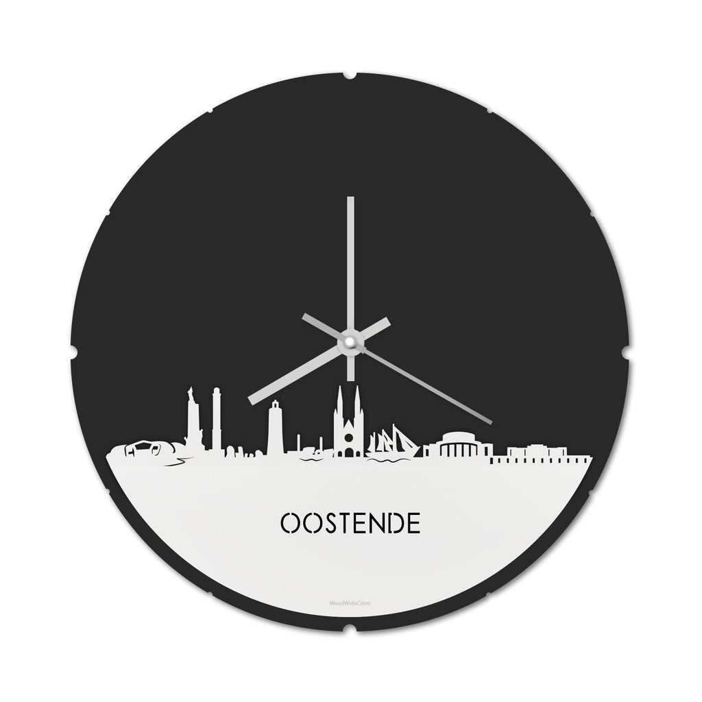 Skyline Klok Rond Oostende Wit glanzend gerecycled kunststof cadeau decoratie relatiegeschenk van WoodWideCities