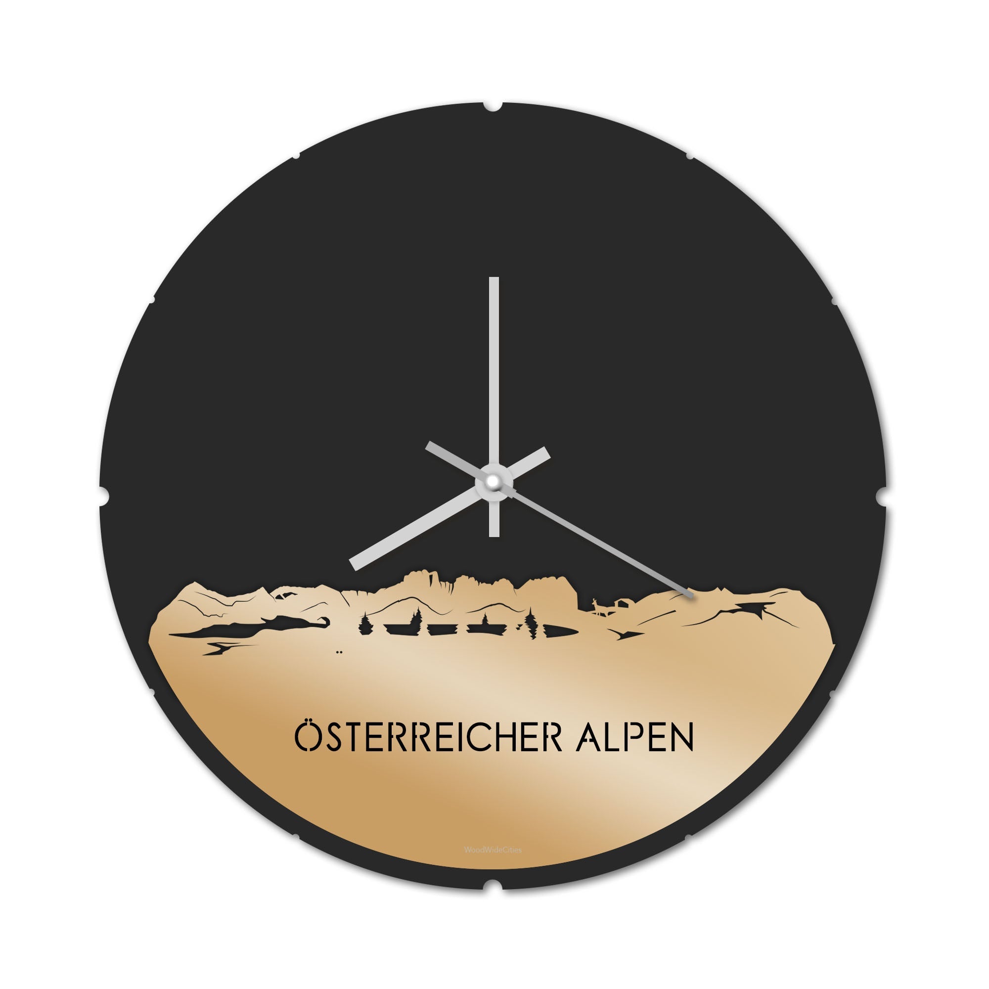 Skyline Klok Rond Österreicher Alpen Metallic Goud gerecycled kunststof cadeau decoratie relatiegeschenk van WoodWideCities