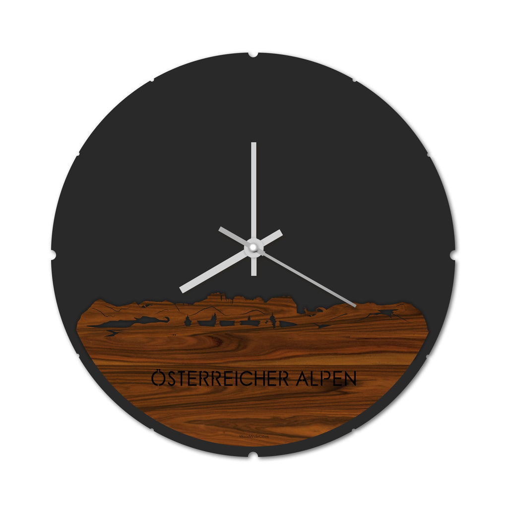 Skyline Klok Rond Österreicher Alpen Palissander houten cadeau decoratie relatiegeschenk van WoodWideCities